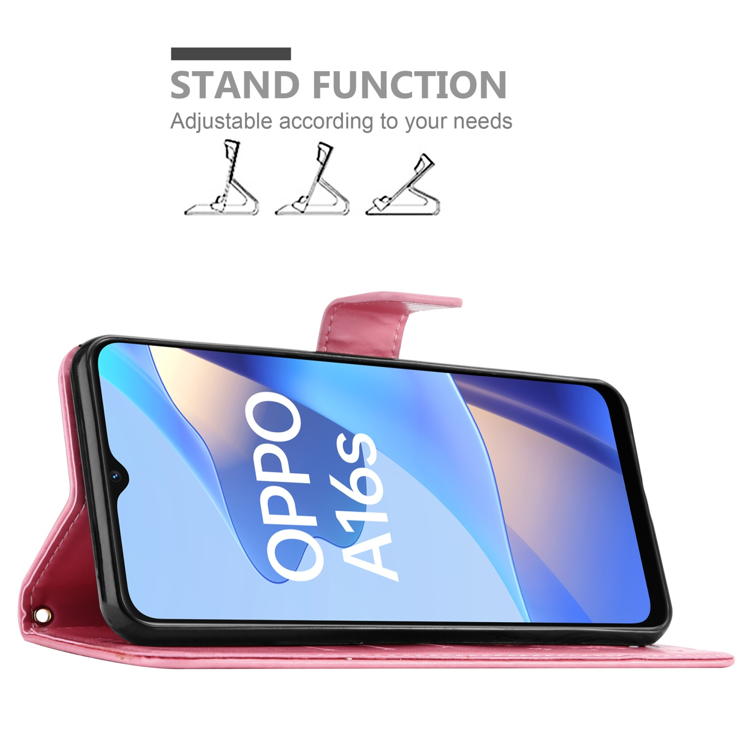 Custodia rosa con telefono dentro, angolata verso l'alto. Testo: Funzione stand. Mostra OPPO A16s.