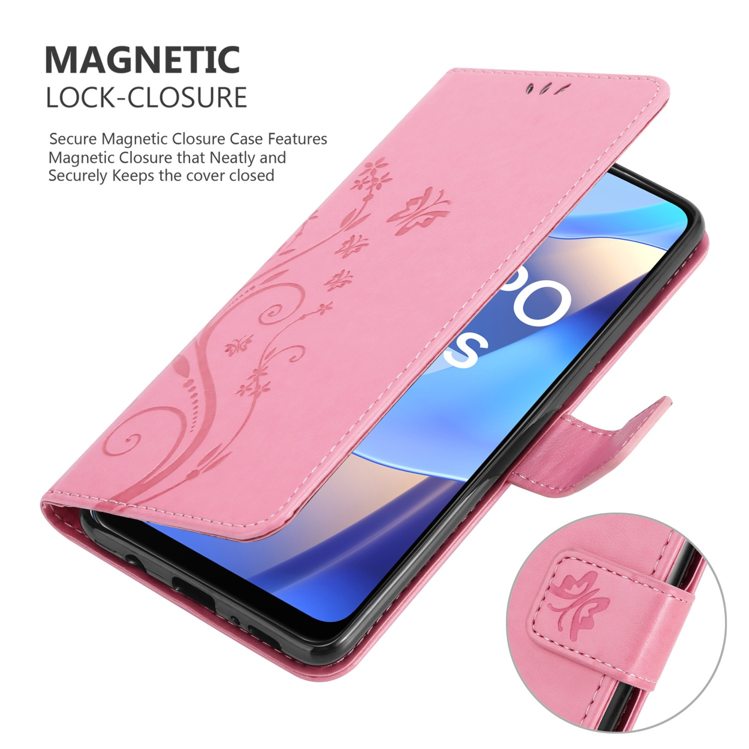 Custodia per telefono rosa con design floreale, aperta con telefono all'interno. Chiusura magnetica.