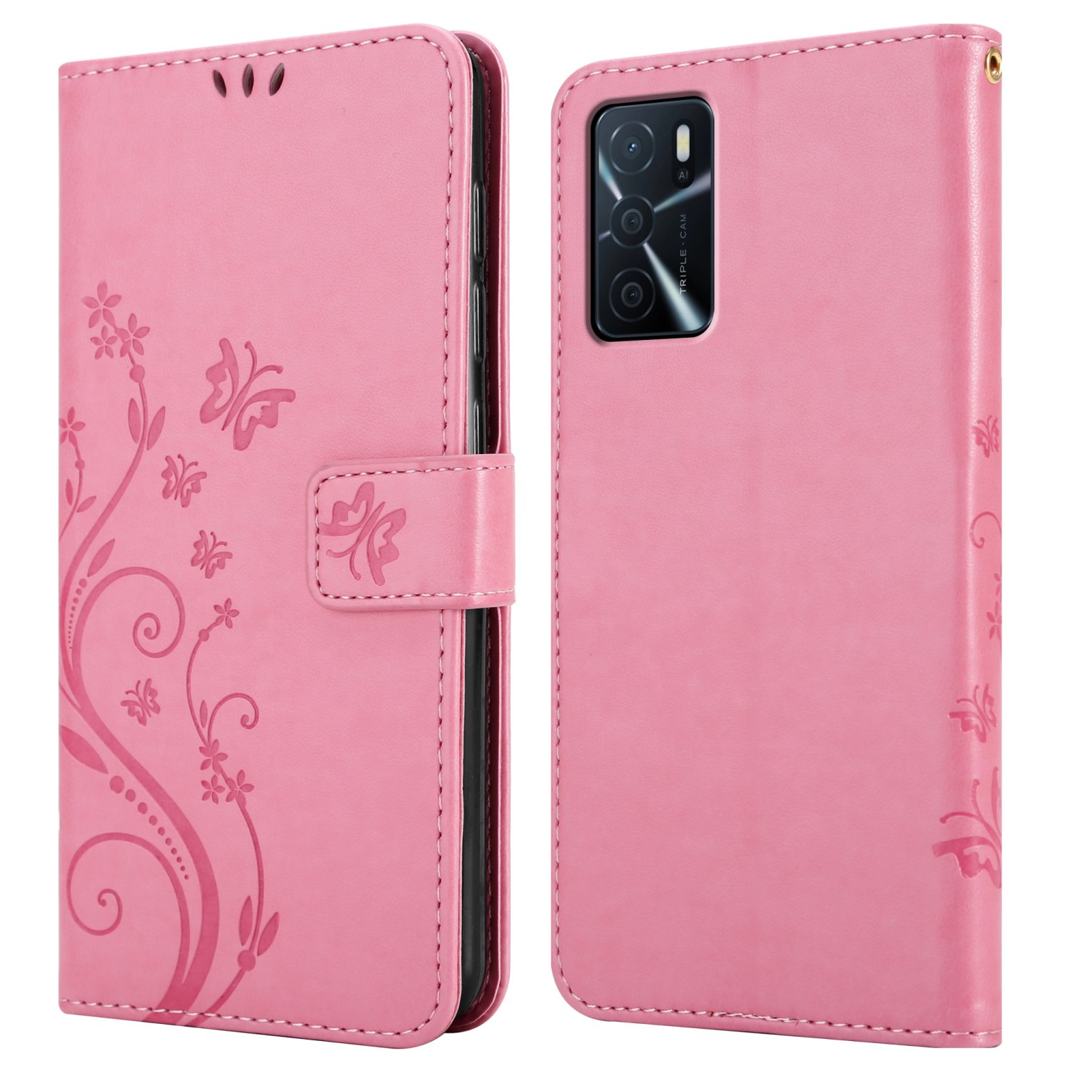 Custodia per telefono rosa aperta, con design floreale a sinistra, che mostra un telefono.