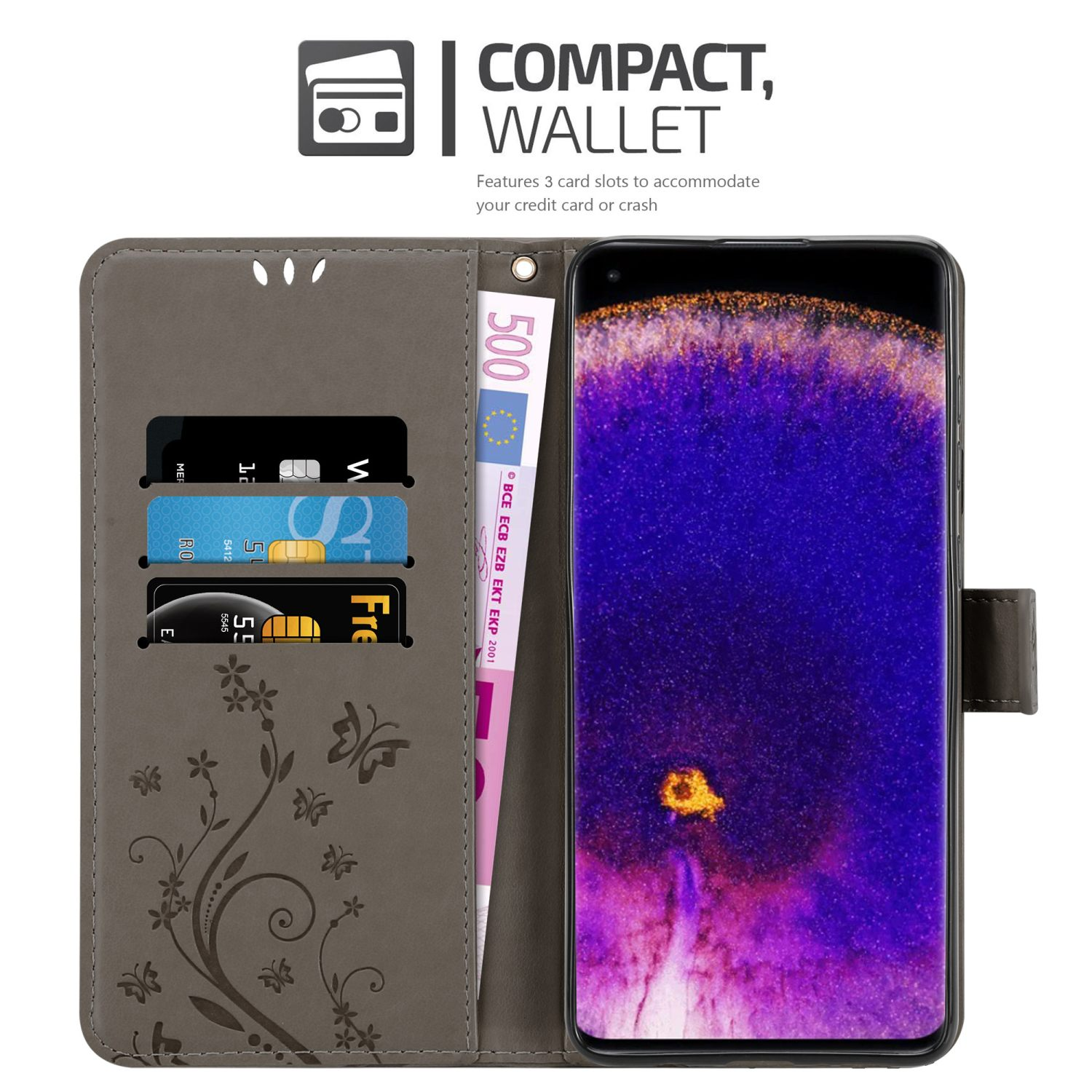 Oppo, Case, PRO, FIND X5 Blumen Bookcover, Muster GRAU Flower FLORAL CADORABO Hülle