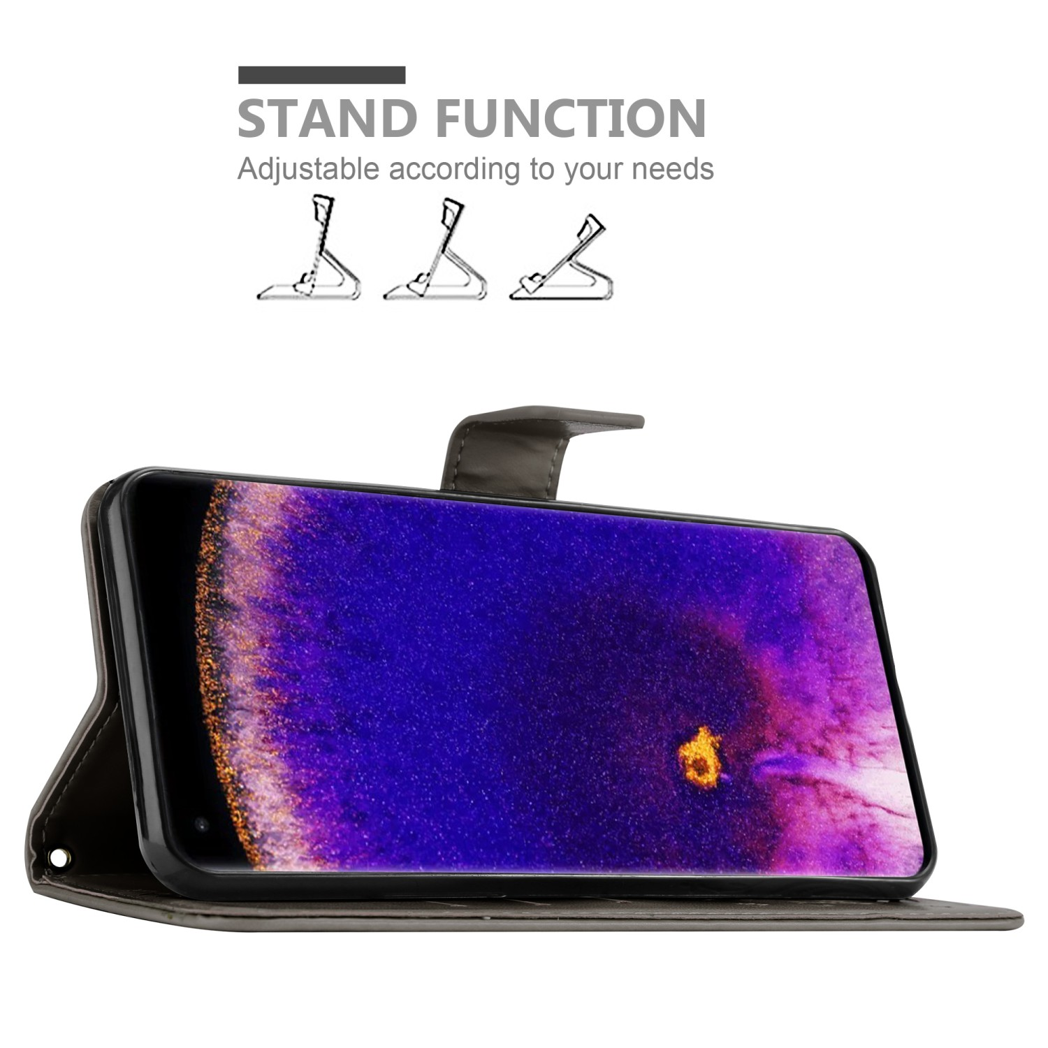 Custodia per telefono grigia su un telefono, con lo schermo che mostra uno sfondo colorato. Il testo indica la funzione di supporto.