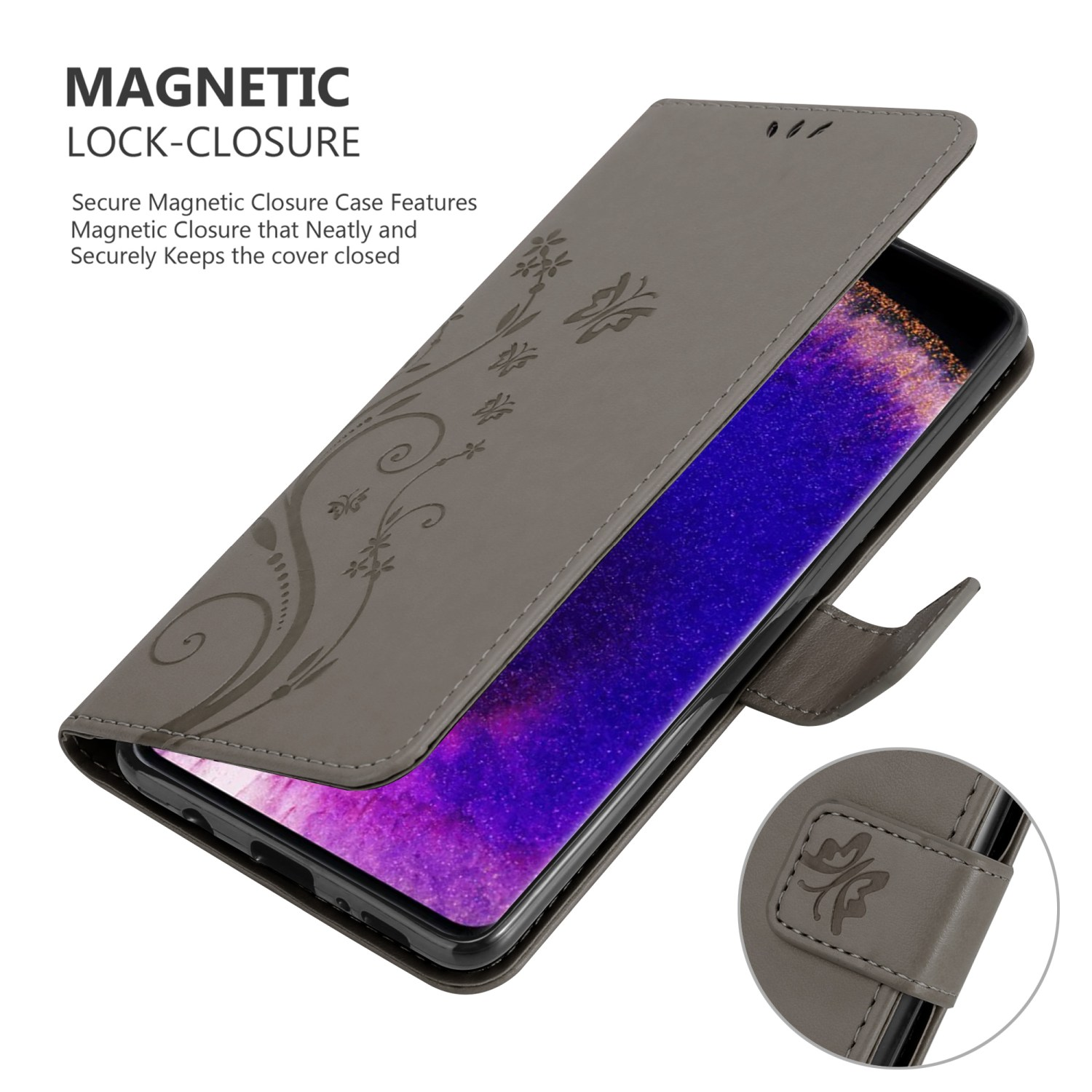 Custodia grigia per telefono, aperta, che mostra l'interno e un telefono. La custodia ha un motivo floreale e chiusura magnetica.