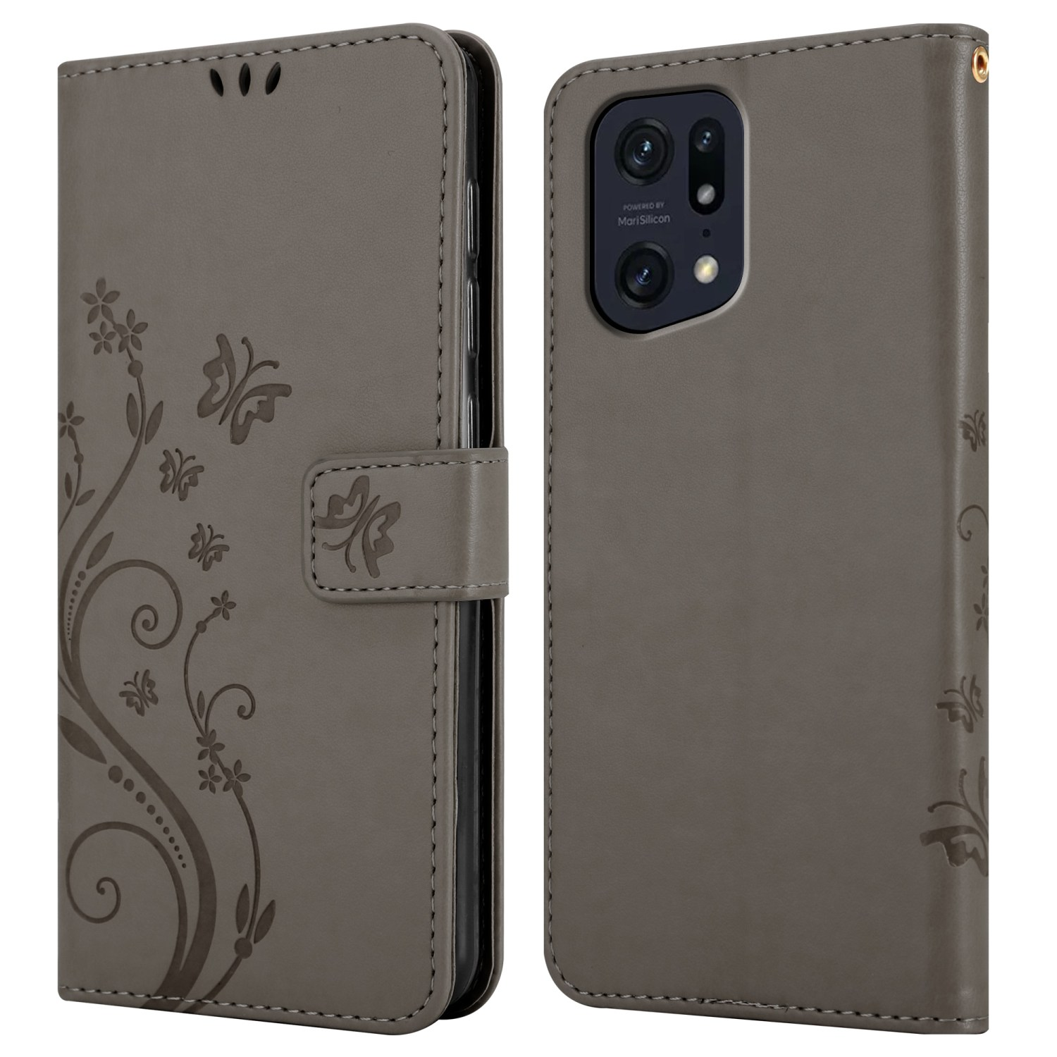 Custodia grigia, design floreale, aperta che mostra il telefono. Sfondo grigio.