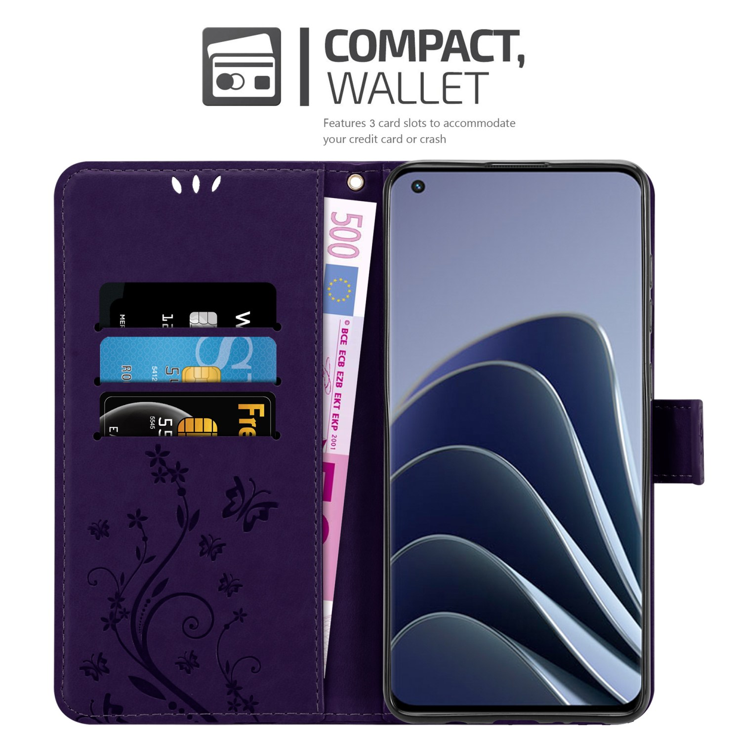 Custodia per telefono viola aperta, che mostra un telefono, fessure per carte e una banconota da 500 euro.