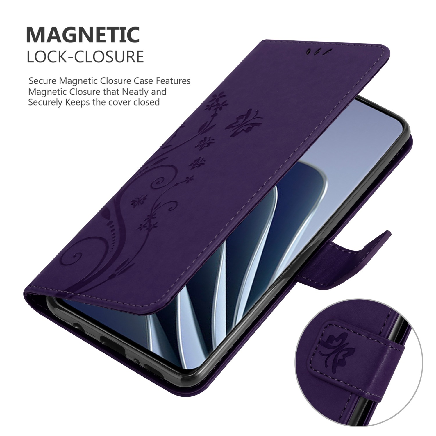Custodia viola per telefono con un design floreale, aperta per mostrare un telefono.