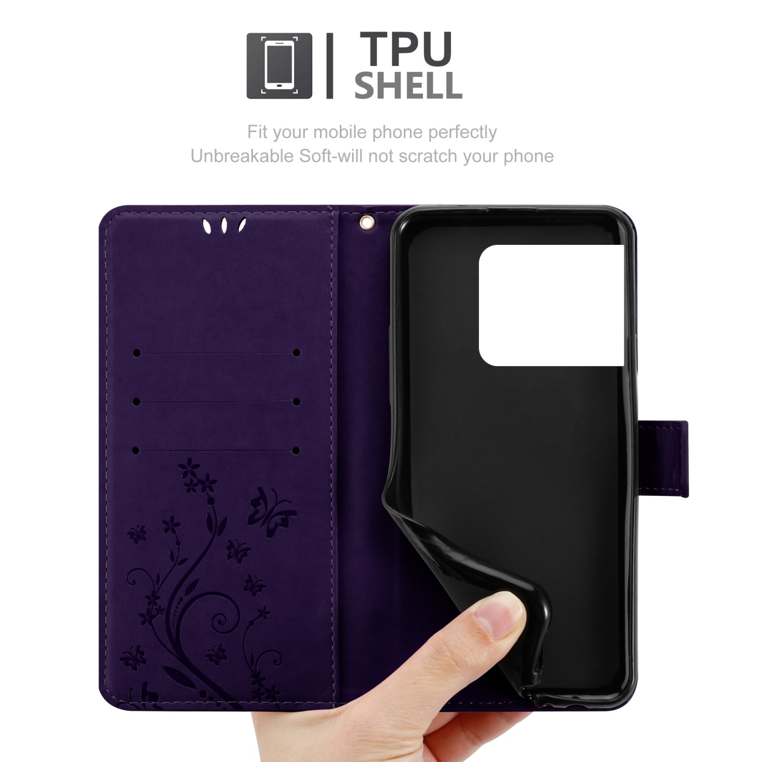Custodia viola, aperta per mostrare un telefono. Una mano tiene aperta la custodia.