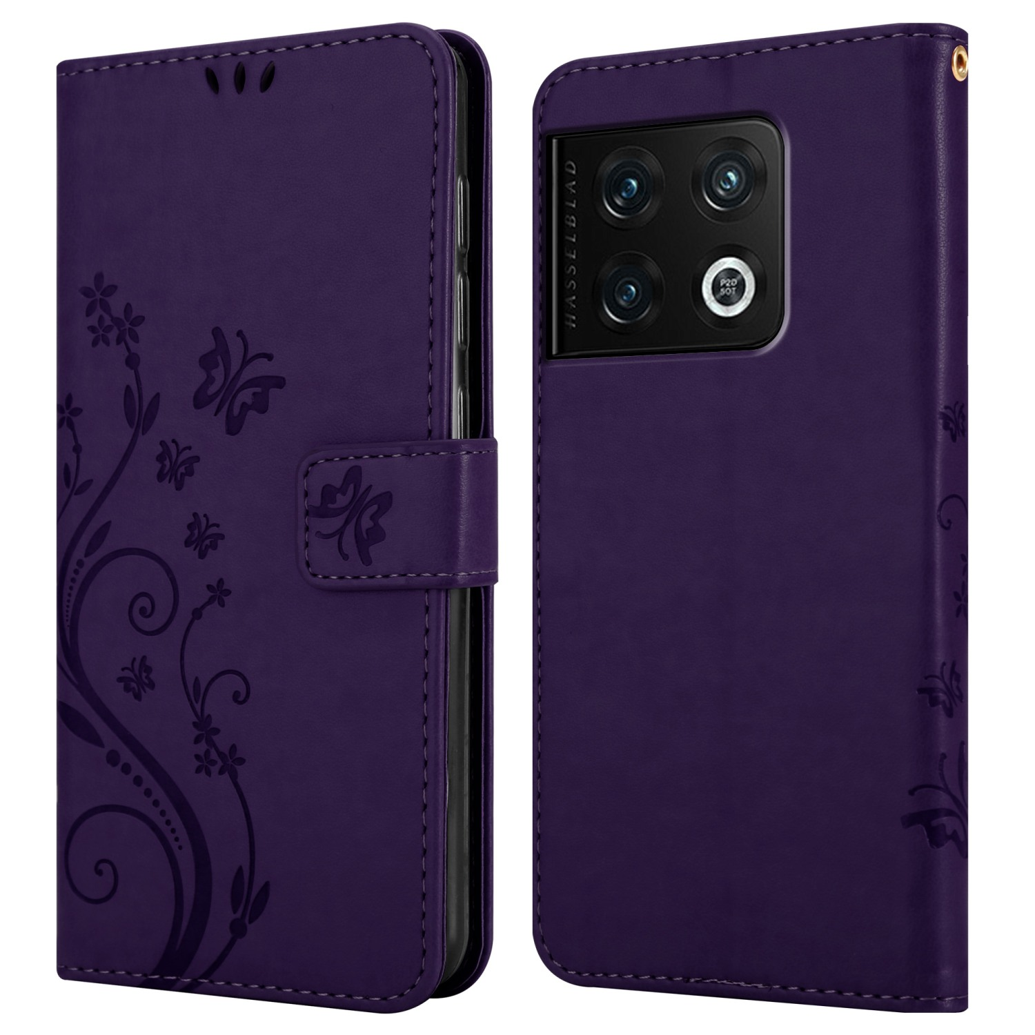 Portafoglio per telefono viola aperto, con telefono all'interno. Design floreale. Sfondo bianco.