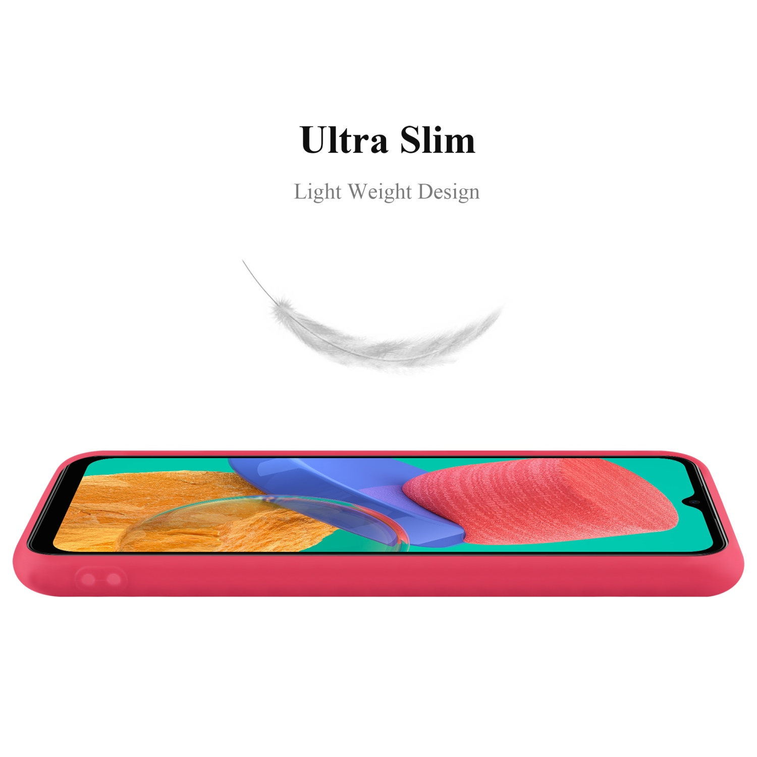 Custodia rossa, vista laterale, piuma che fluttua sopra. Testo: Ultra Slim, Design leggero.