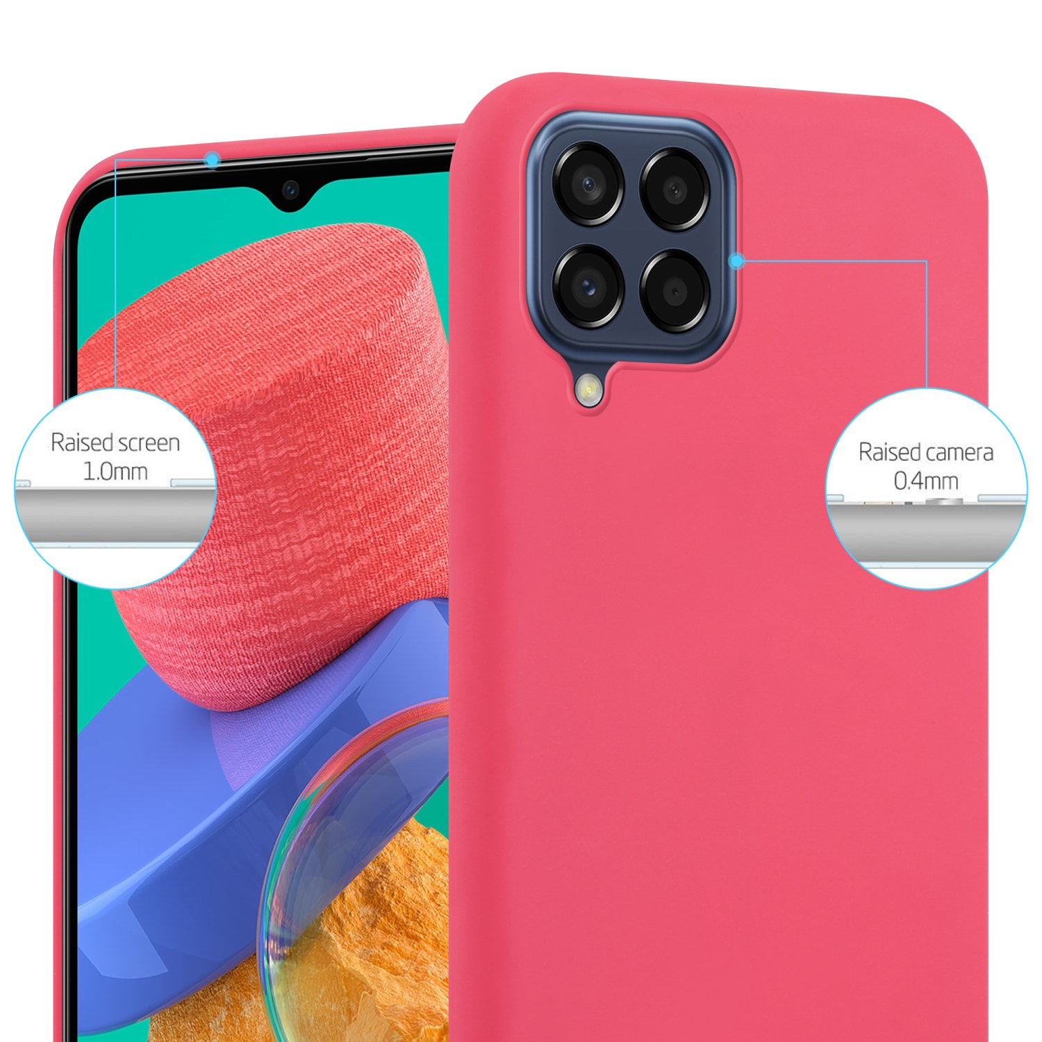 Custodia per telefono rosa con telefono all'interno, schermo e fotocamera rialzati per protezione.