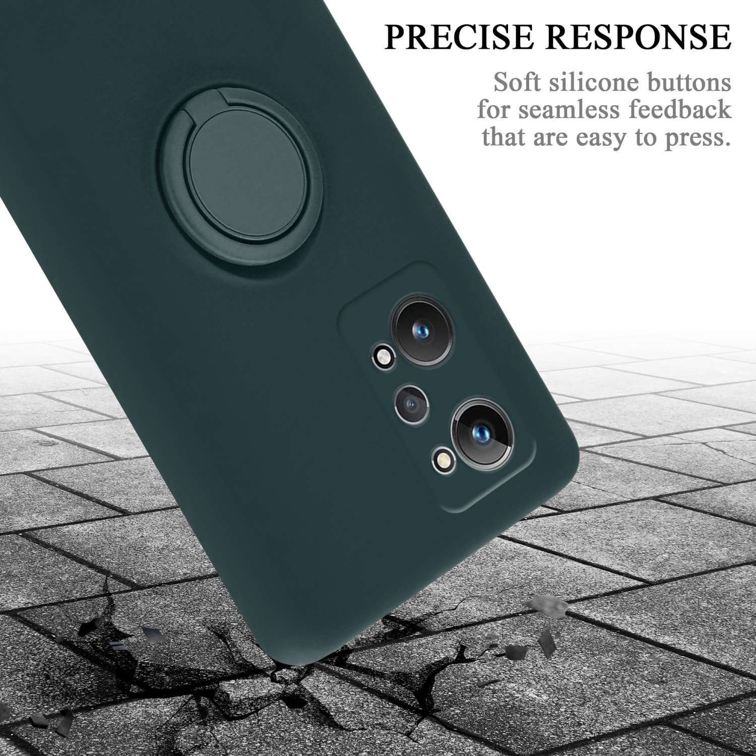 Custodia del telefono con tre fotocamere. Testo: Precise Response. Superficie grigia.