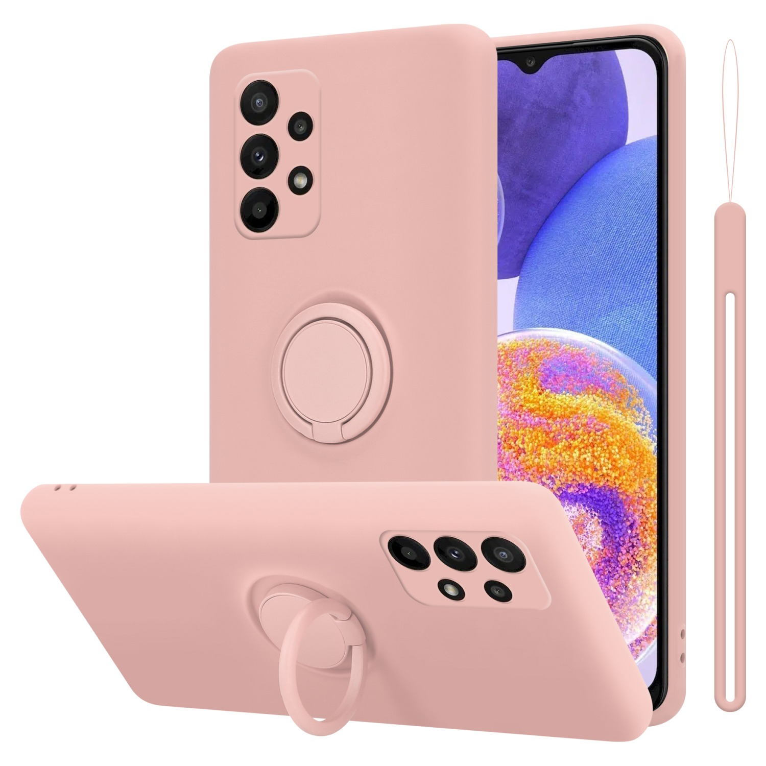Custodie rosa per telefono. Telefono con anello. La custodia è sul telefono. Un'altra custodia a terra.