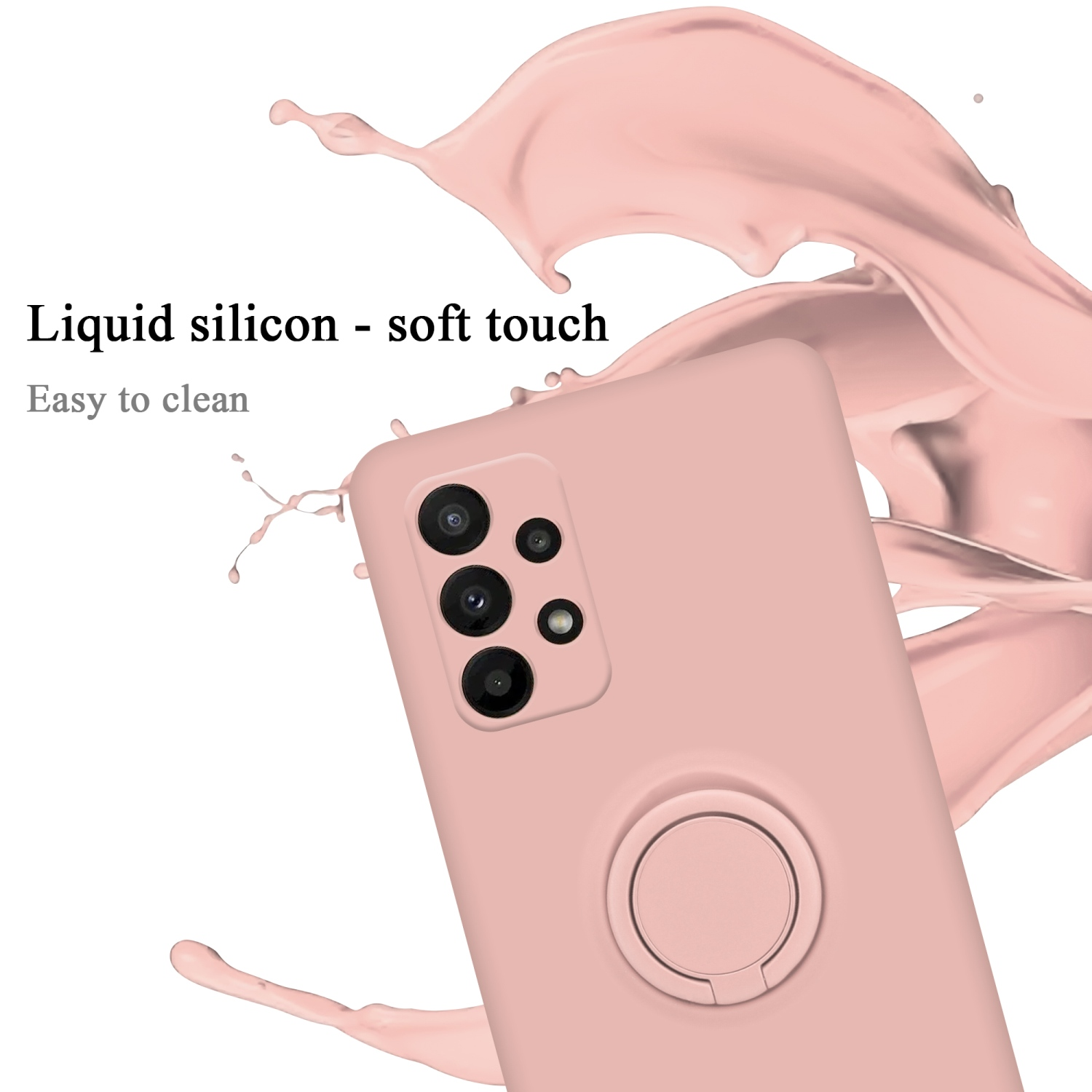 Custodia rosa per telefono con supporto ad anello sul retro e uno schizzo rosa sullo sfondo.