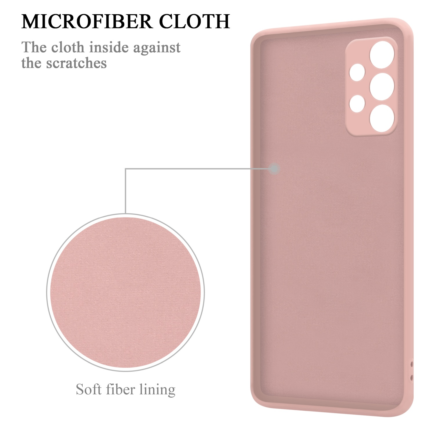 Interno della custodia rosa con rivestimento in fibra morbida. Testo in microfibra e un cerchio.