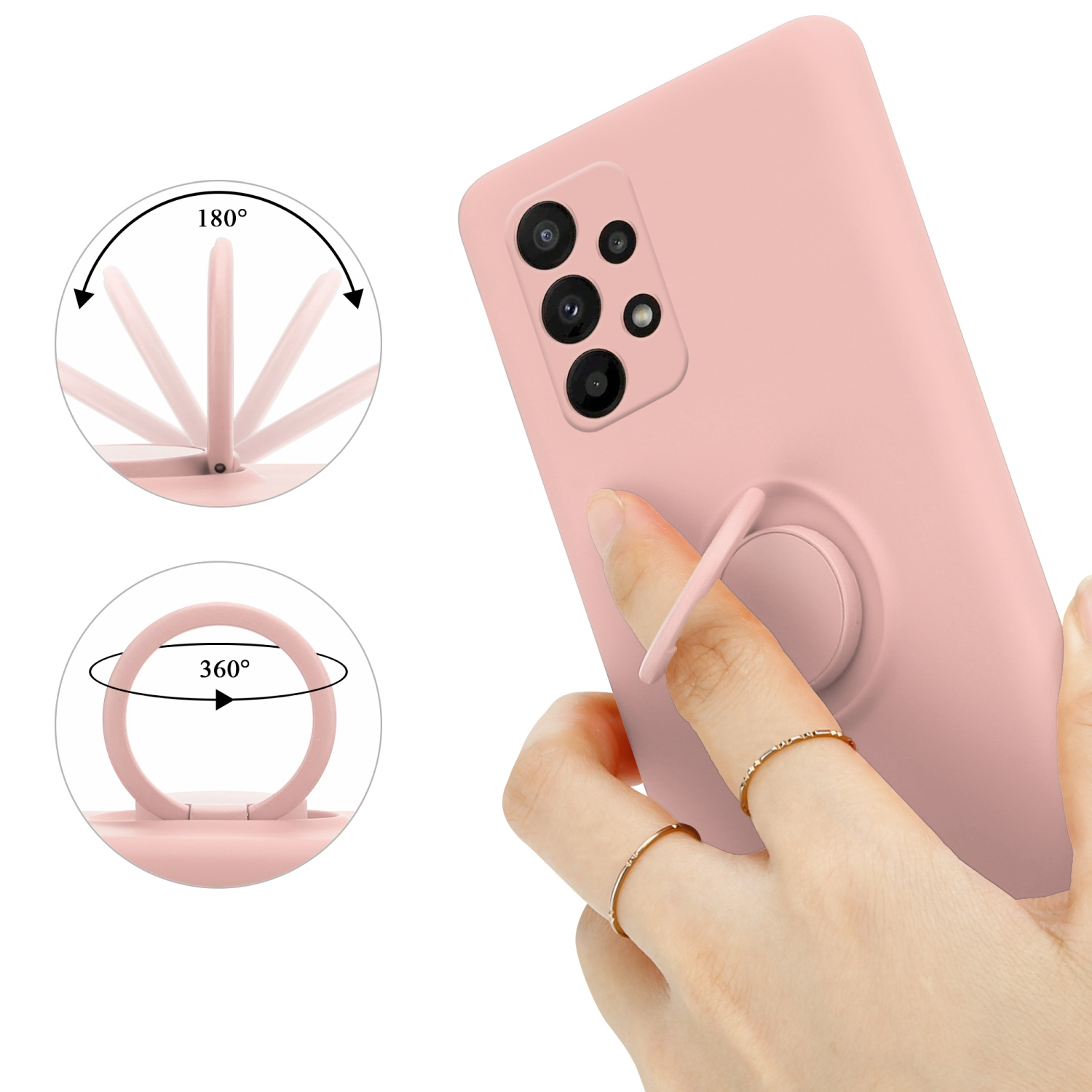 Custodia rosa per telefono con supporto ad anello, che dimostra la rotazione di 180 e 360 gradi.