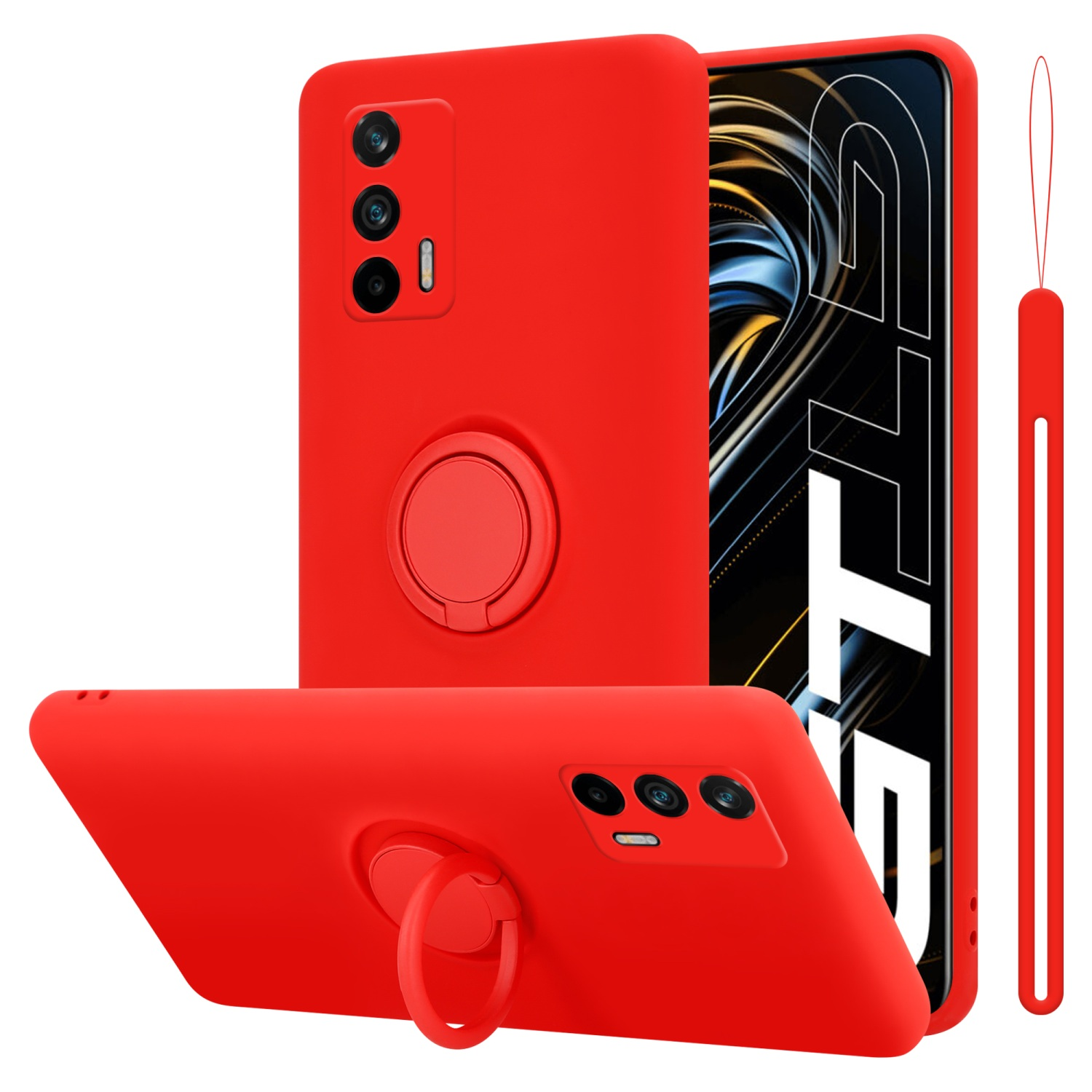 Custodie per telefono rosse, con supporto ad anello. Tre fotocamere. Sfondo bianco.
