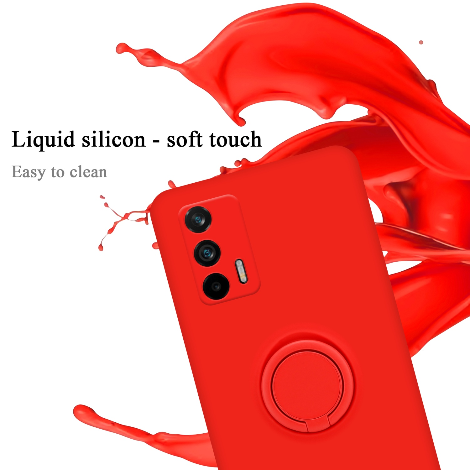 Custodia per telefono rossa con supporto ad anello. Il testo in silicone liquido è visibile, insieme a uno spruzzo di vernice rossa.