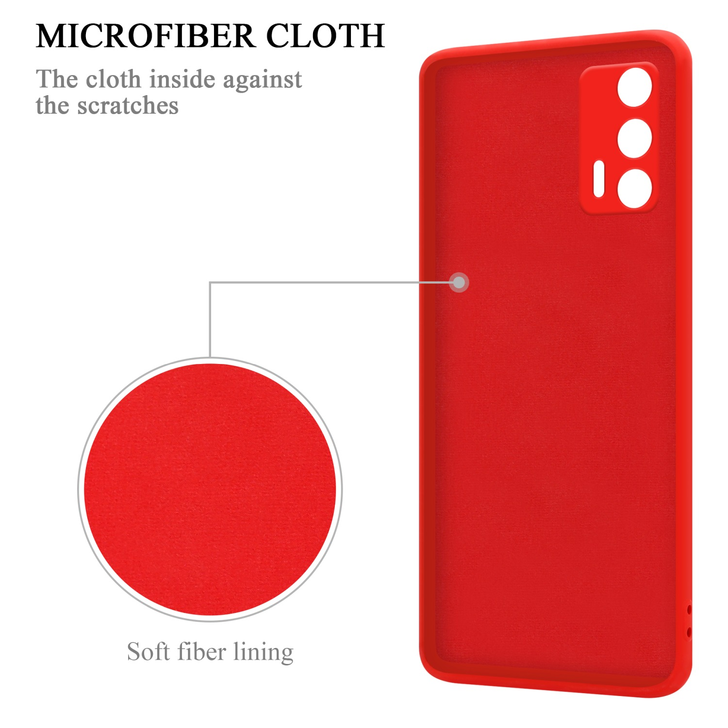 Una custodia per telefono rossa con un panno in microfibra all'interno. La custodia è aperta per mostrare la fodera.
