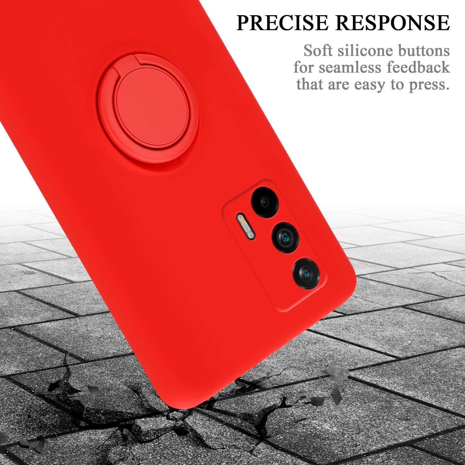 Custodia per telefono rossa con supporto ad anello, il telefono è su una superficie. Il testo dice risposta precisa.