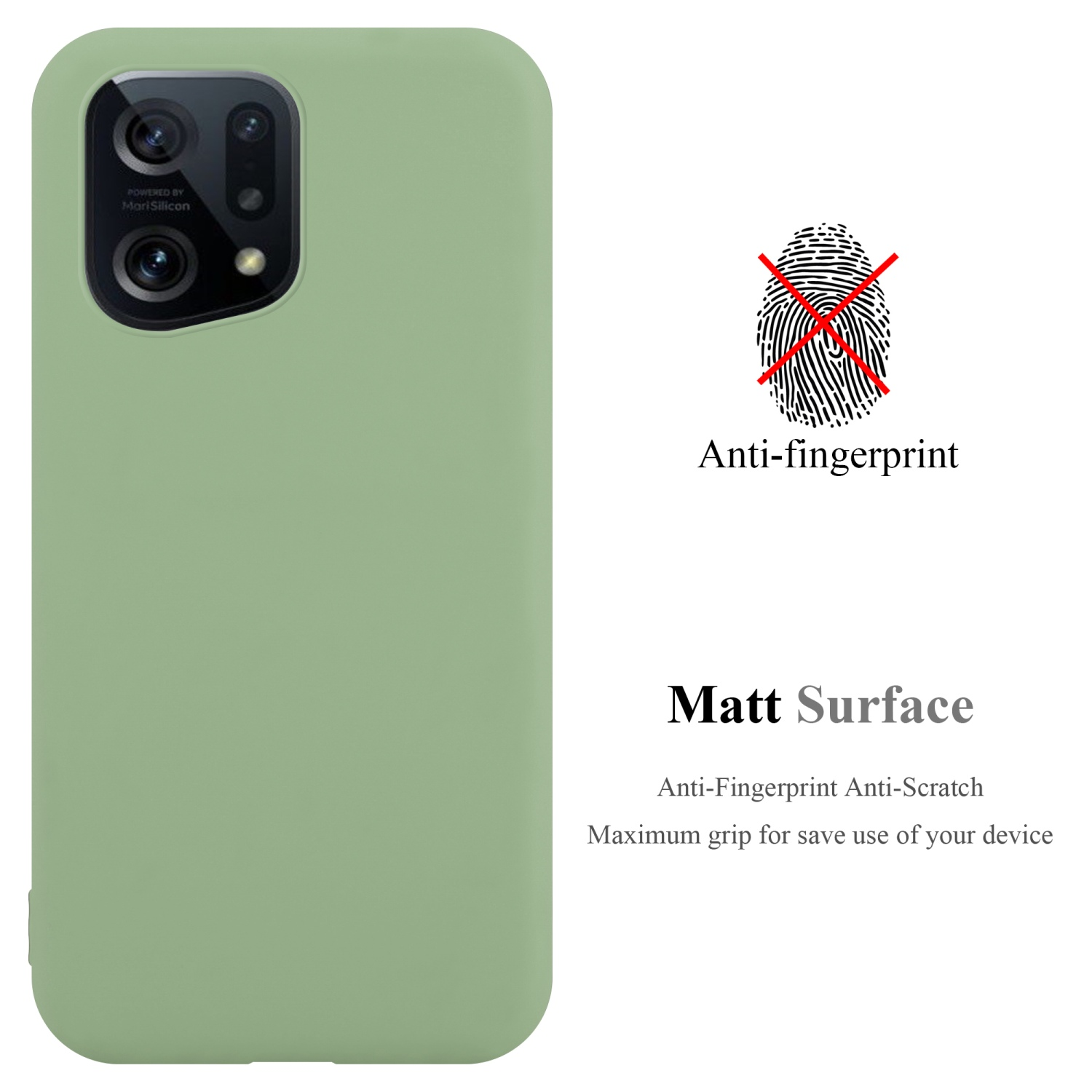 Eine grüne Handyhülle mit der Kamera des Telefons, mit einem Anti-Fingerabdruck-Symbol. Text sagt, die Oberfläche ist matt.