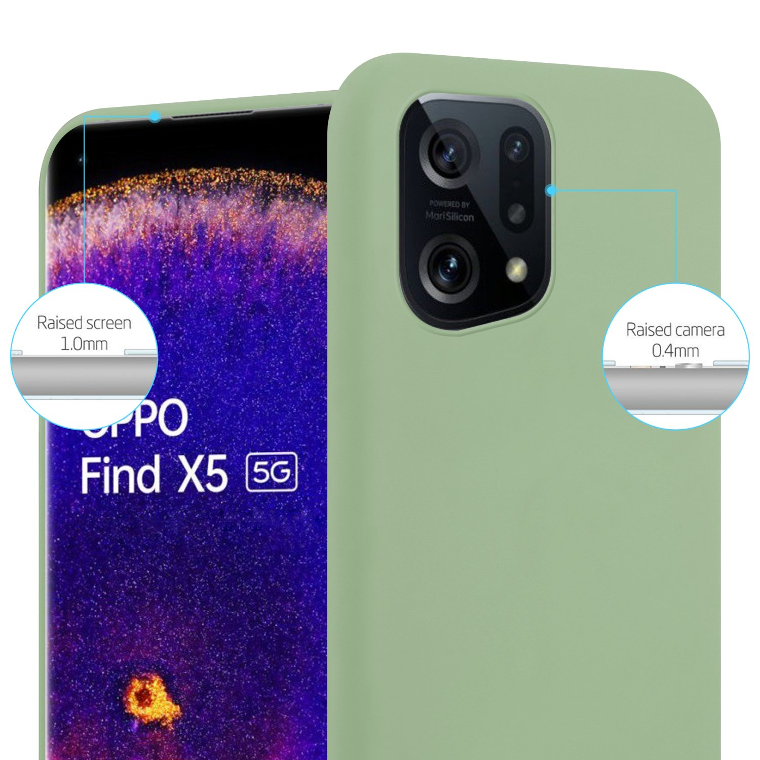 Eine grüne Handyhülle mit einem Telefon darin wird angezeigt. Es gibt erhöhte Kanten für Bildschirm und Kamera.
