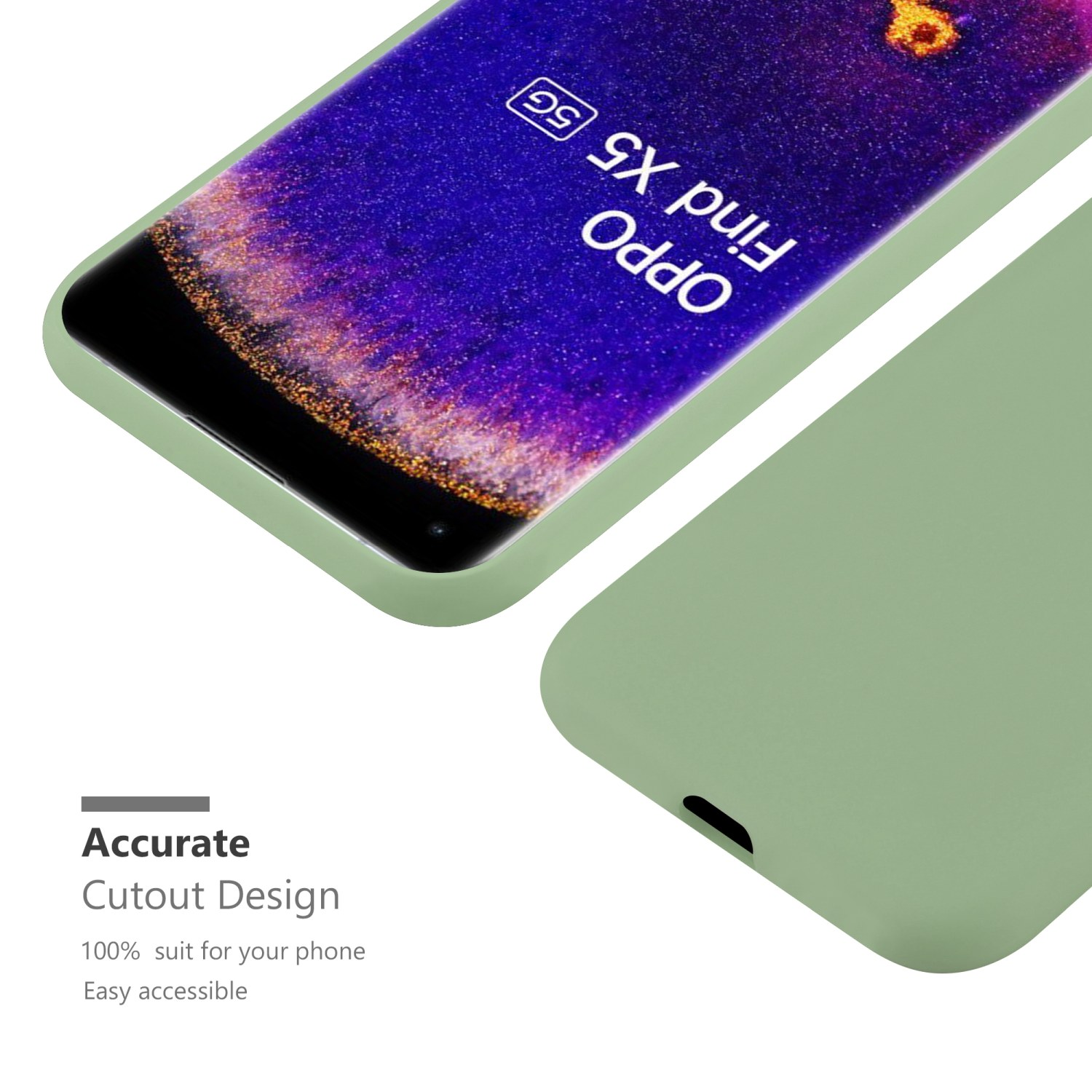 Grüne Handyhülle mit Telefon. Text: Präzises Ausschnittdesign.