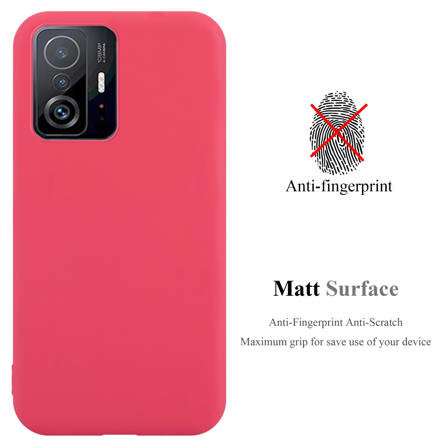 Rote Handyhülle mit Text zu Anti-Fingerabdruck und matter Oberfläche, mit einem Fingerabdrucksymbol.