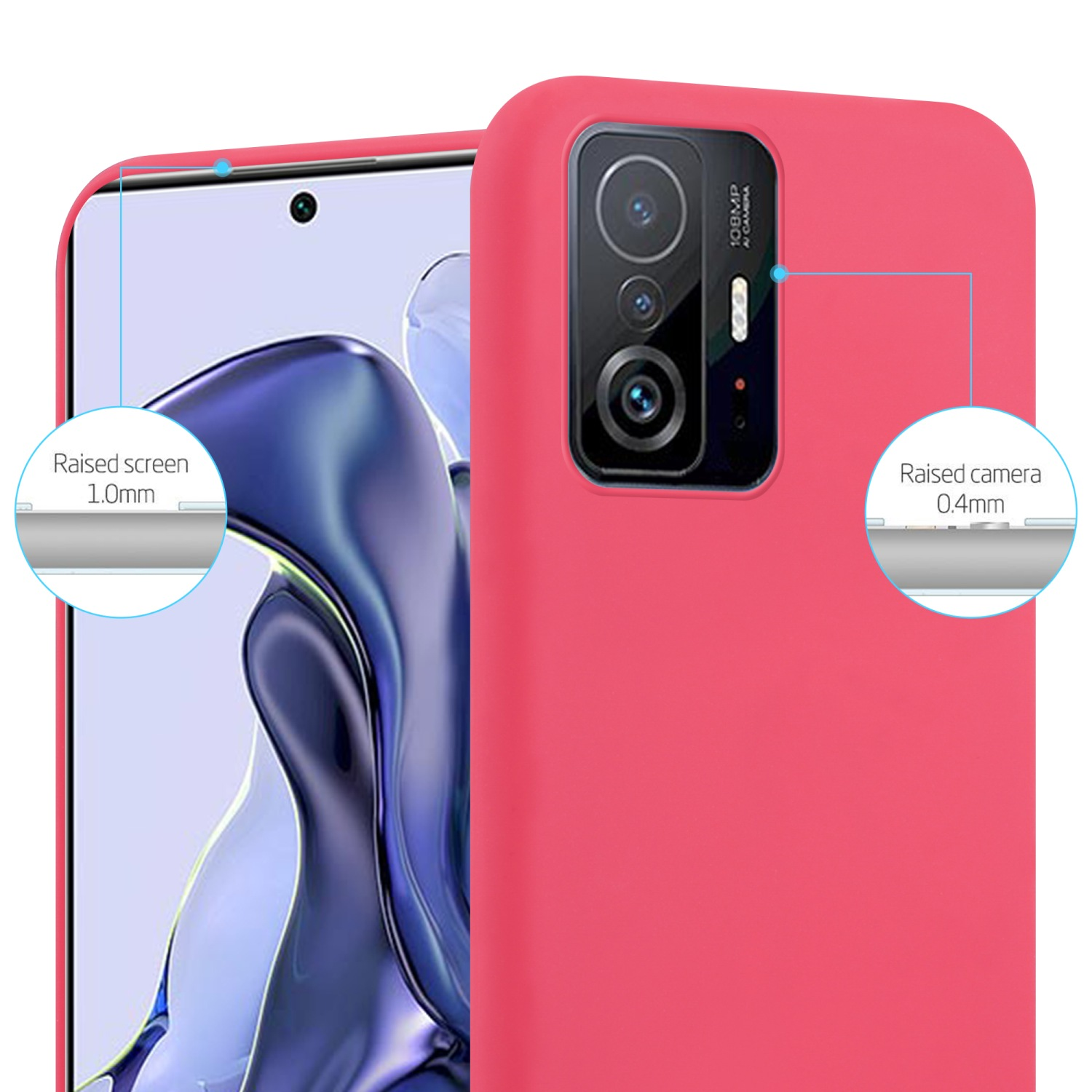 Rote Handyhülle und Telefon mit erhöhtem Bildschirm und Kamera. Detail sichtbar.