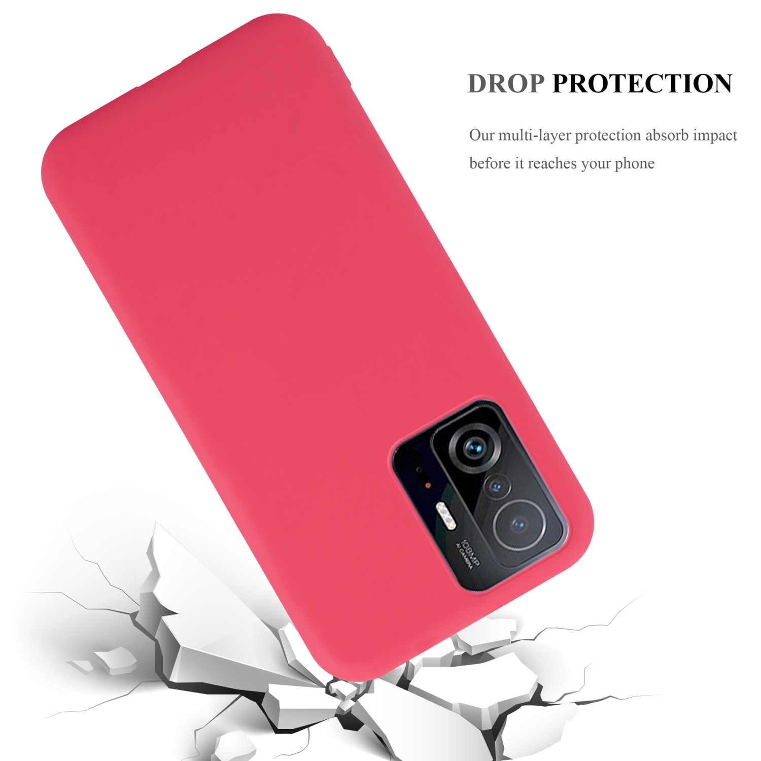 Rote Handyhülle auf weißem Untergrund, umgeben von Rissen. Text: DROP PROTECTION.