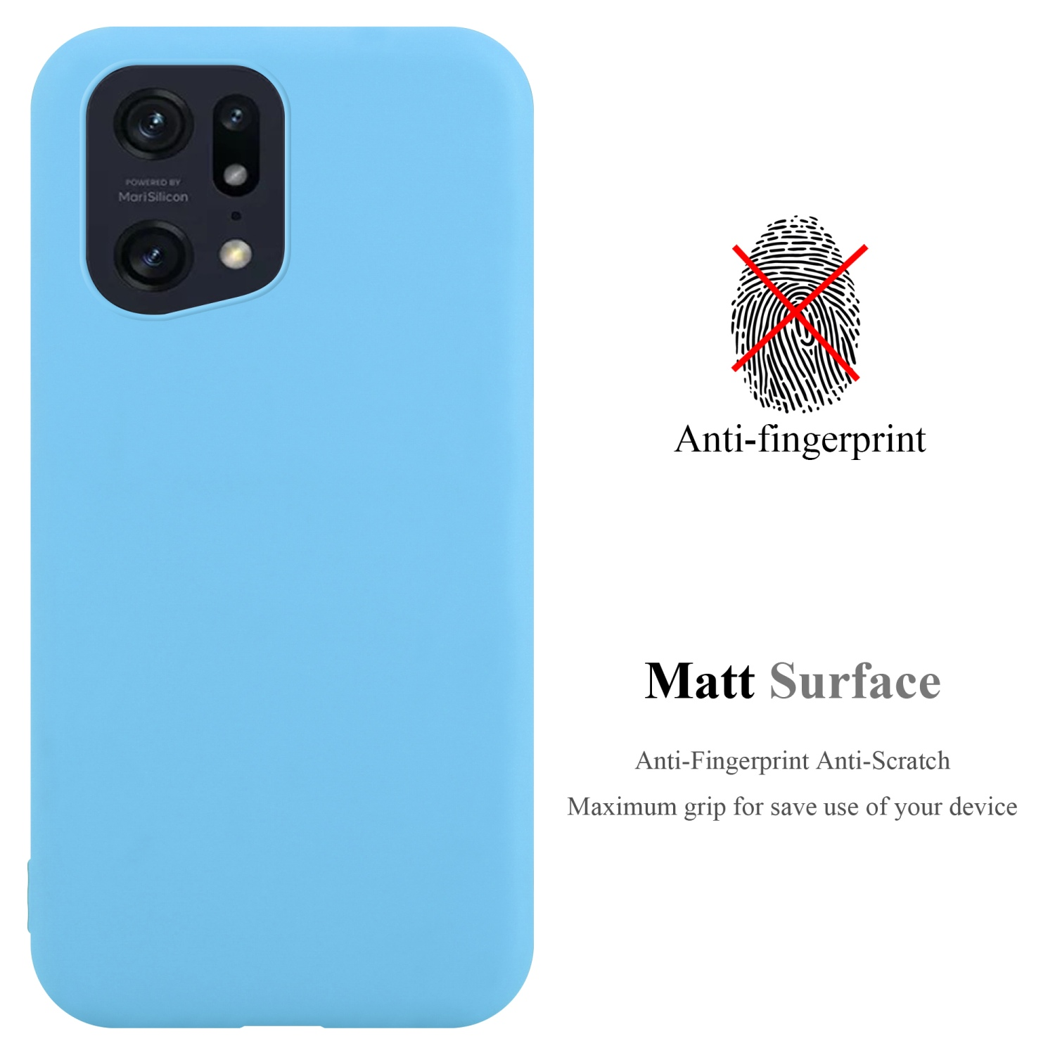 Funda de teléfono azul claro. La funda es de un solo color y muestra la parte trasera del teléfono. Antihuellas.