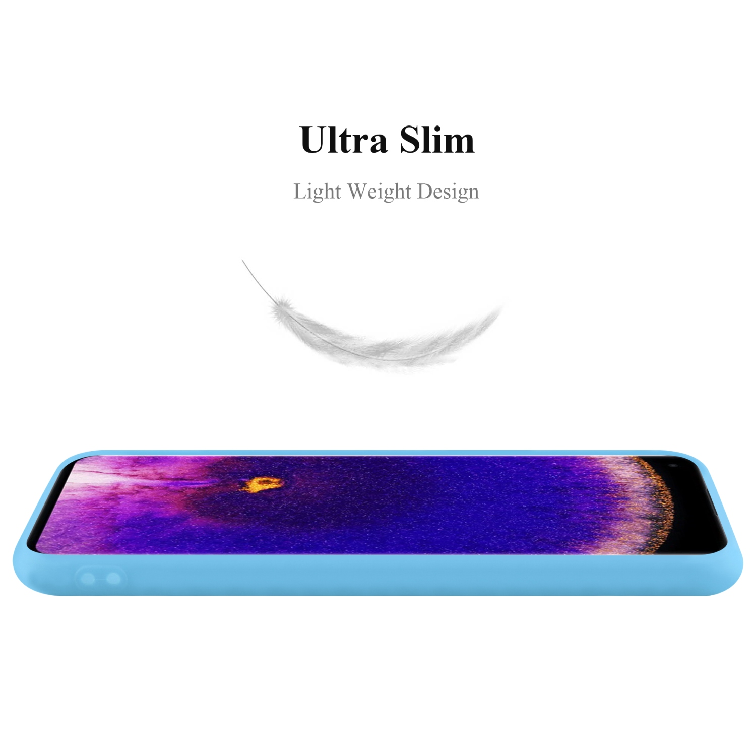 Funda de teléfono azul con una pluma y el texto 'Ultra Slim'.