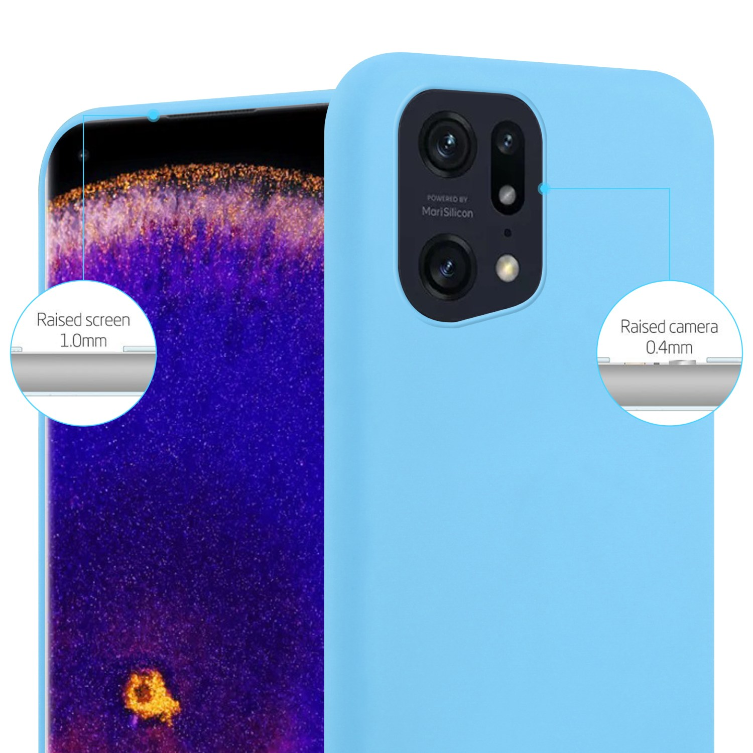 Primer plano de una funda de teléfono azul claro. Muestra los contornos elevados de la pantalla y la cámara. Texto en el área de la cámara.