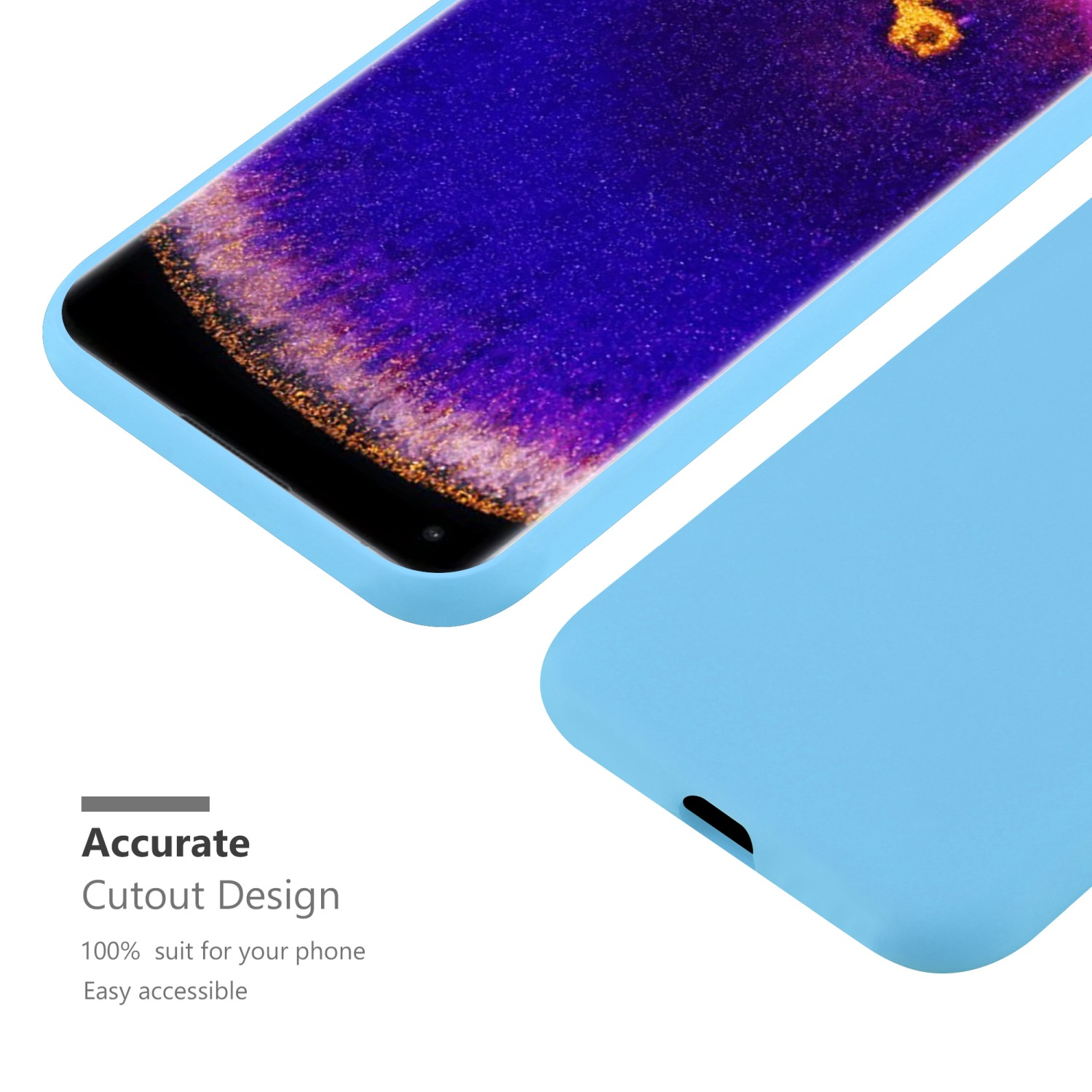 Funda de teléfono azul con pantalla. La funda es lisa y tiene un diseño recortado.
