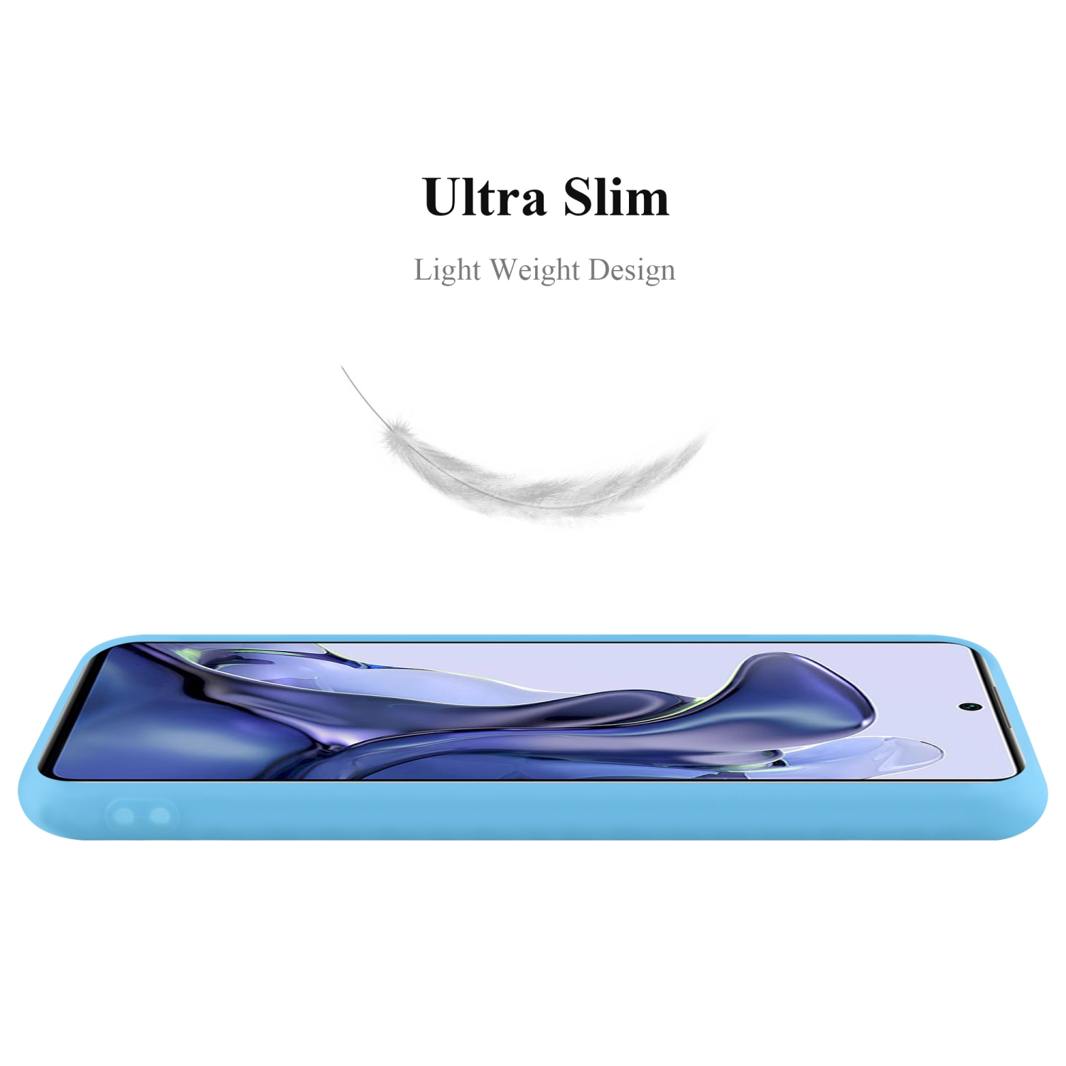 Eine hellblaue Handyhülle auf dem Tisch. Text sagt Ultra Slim.