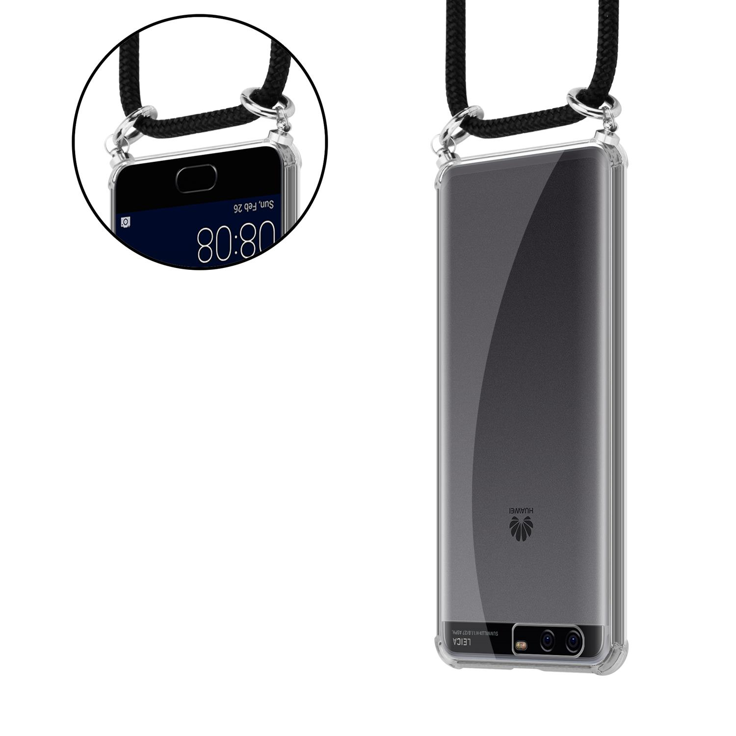 Transparente Handyhülle mit schwarzem Band. Das Telefon rechts, das Band links.