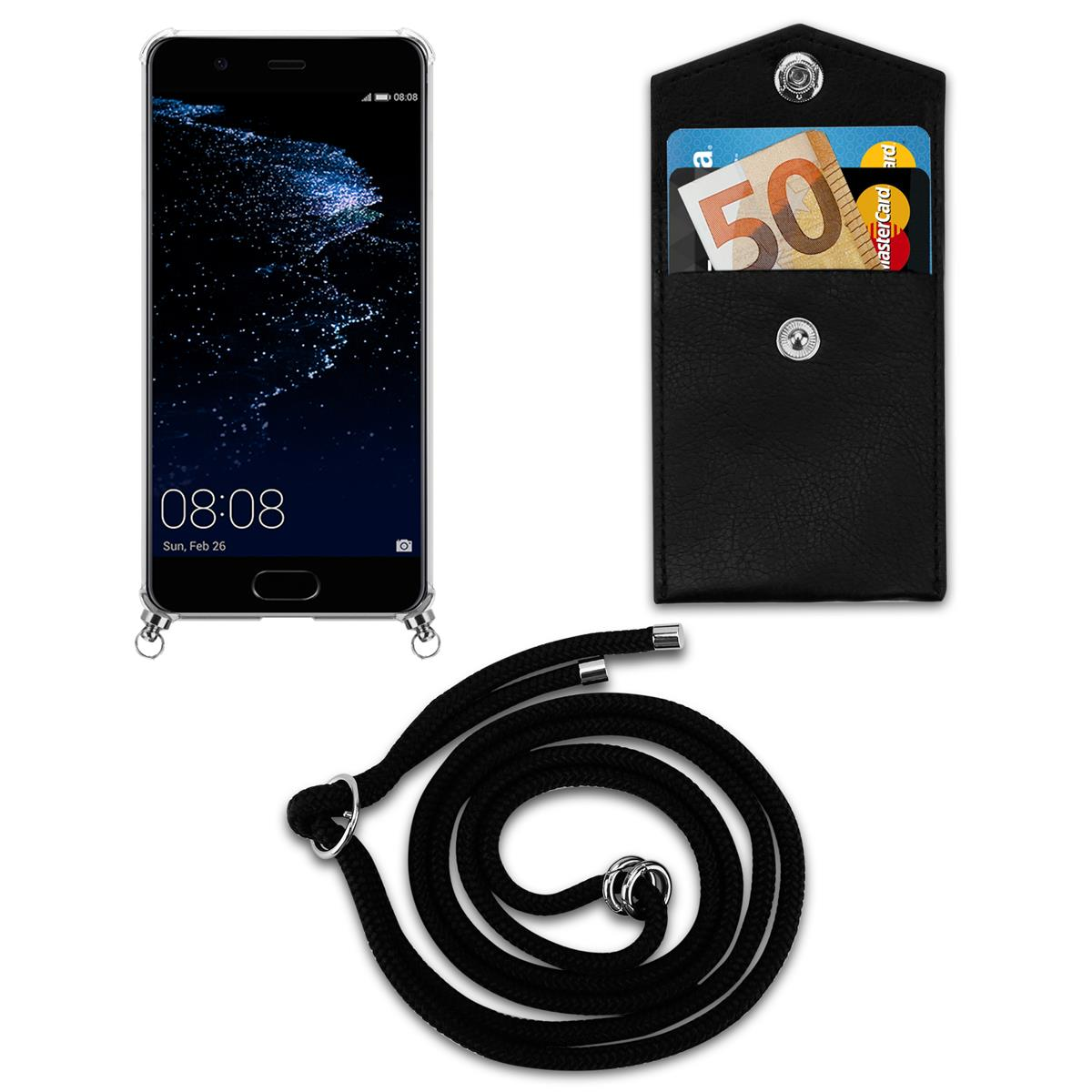 Telefon mit Anzeige der Uhrzeit. Schwarze Hülle mit Umhängeband und Kartenhalter.