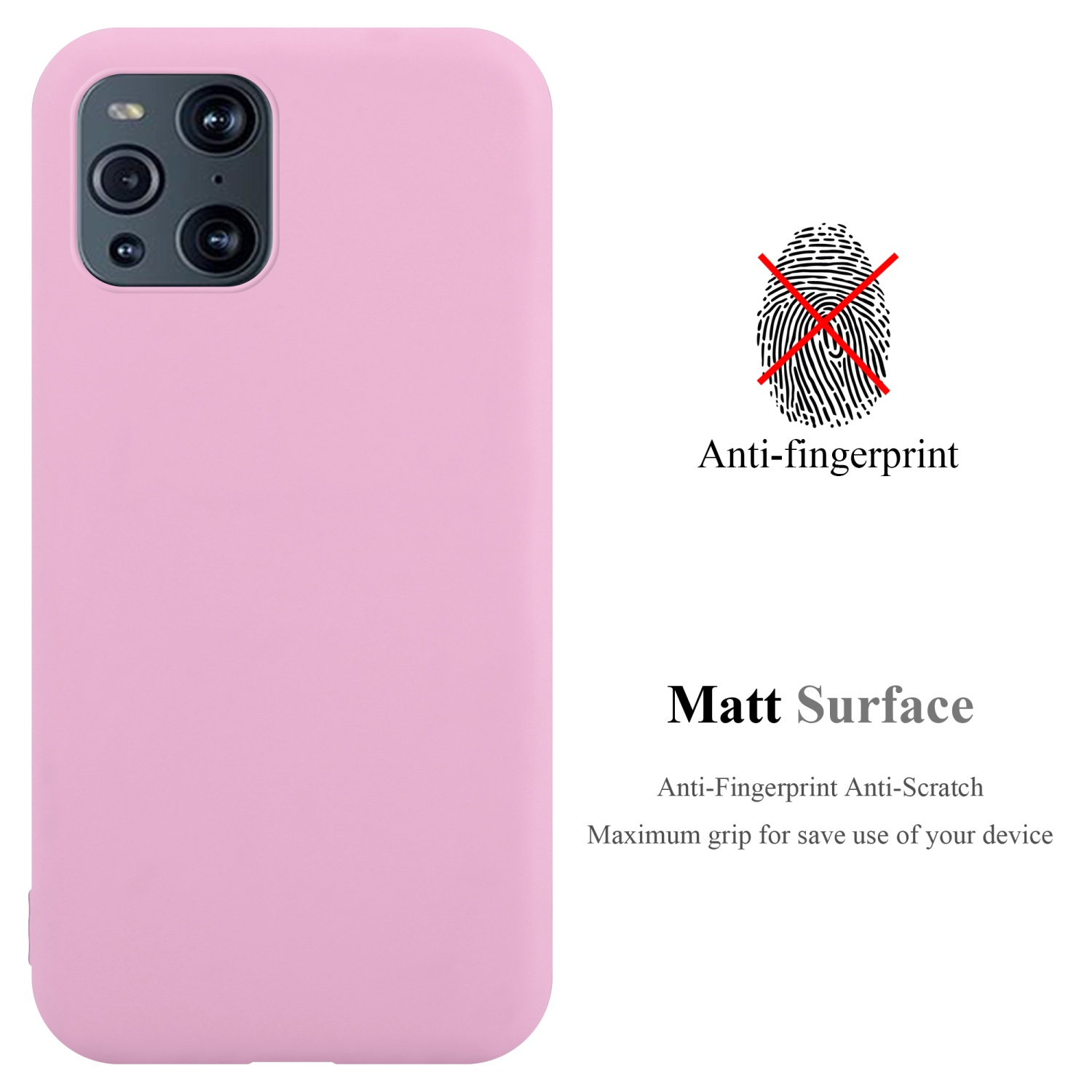 Custodia rosa per telefono. Un'icona di impronta digitale anti-impronta e un testo di superficie opaca.