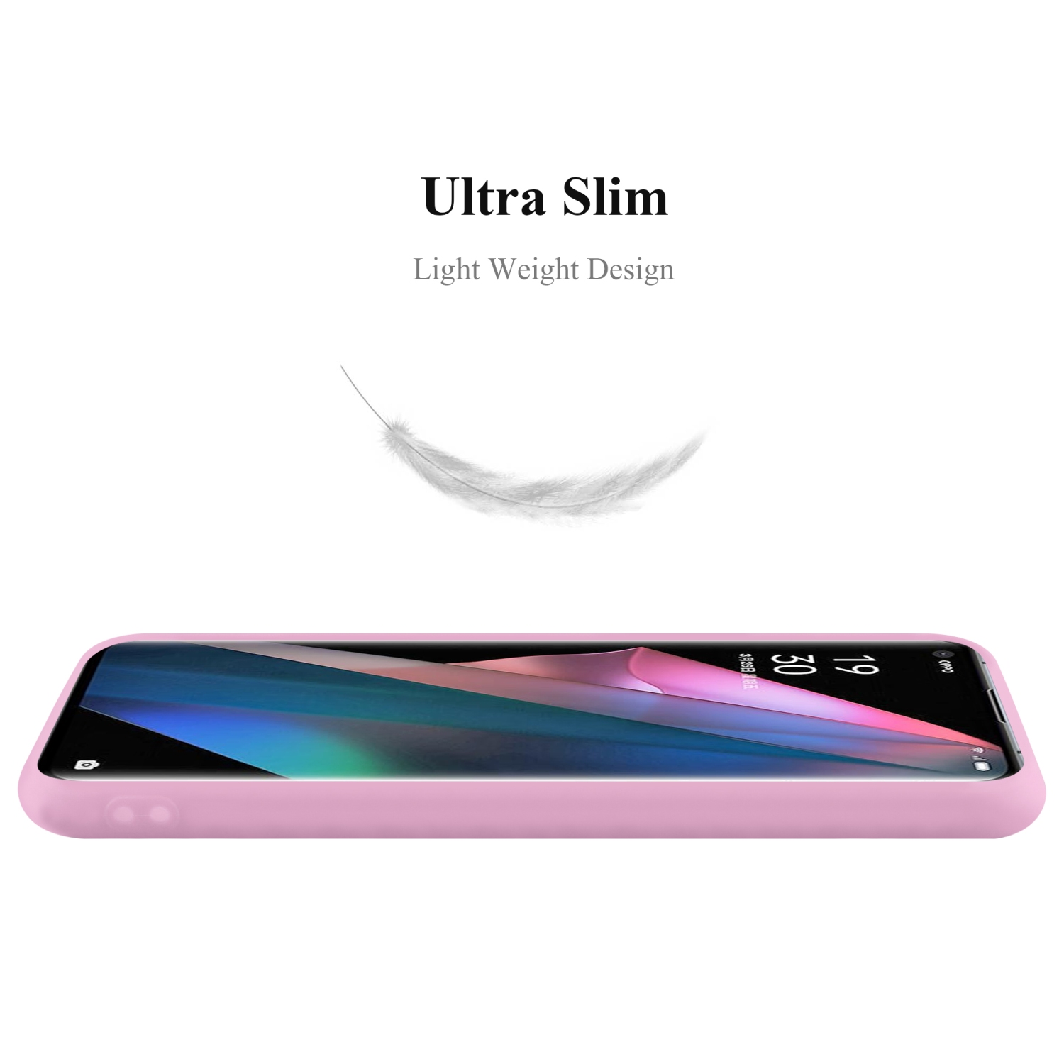 Custodia per telefono rosa. Una piuma fluttua sopra il telefono, evidenziando il design leggero.