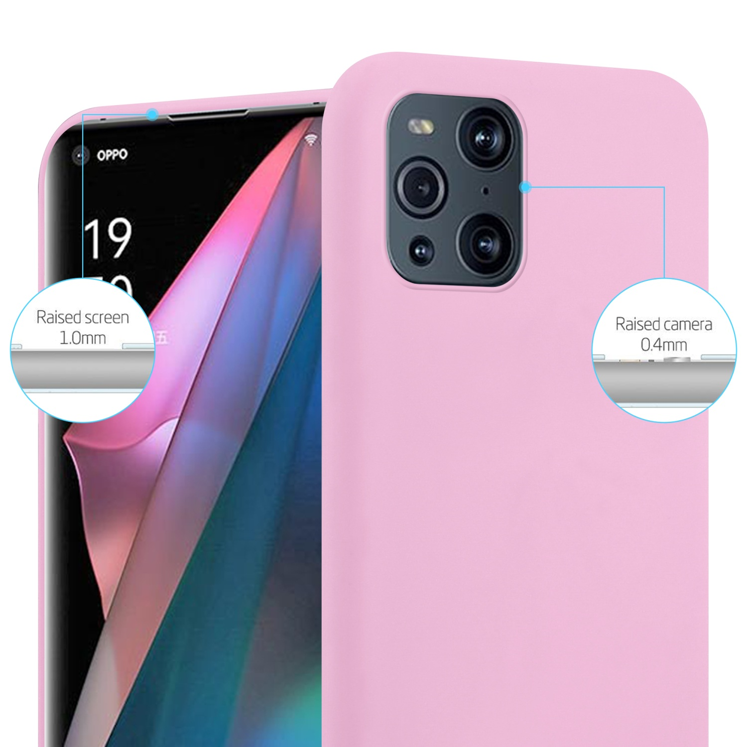 Viene mostrata una custodia rosa per telefono con lenti della fotocamera. Primo piano.