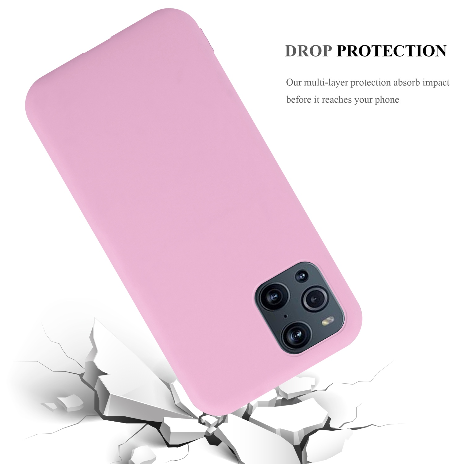 Custodia rosa per telefono che cade su una superficie che si sta rompendo. Testo: Protezione dalle cadute. Fotocamera del telefono.