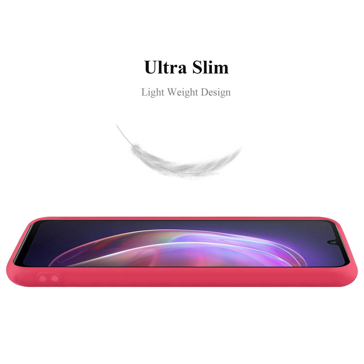 Custodia rosa con telefono all'interno. Testo: Ultra Slim, Light Weight Design. Grafica di piuma bianca sopra.