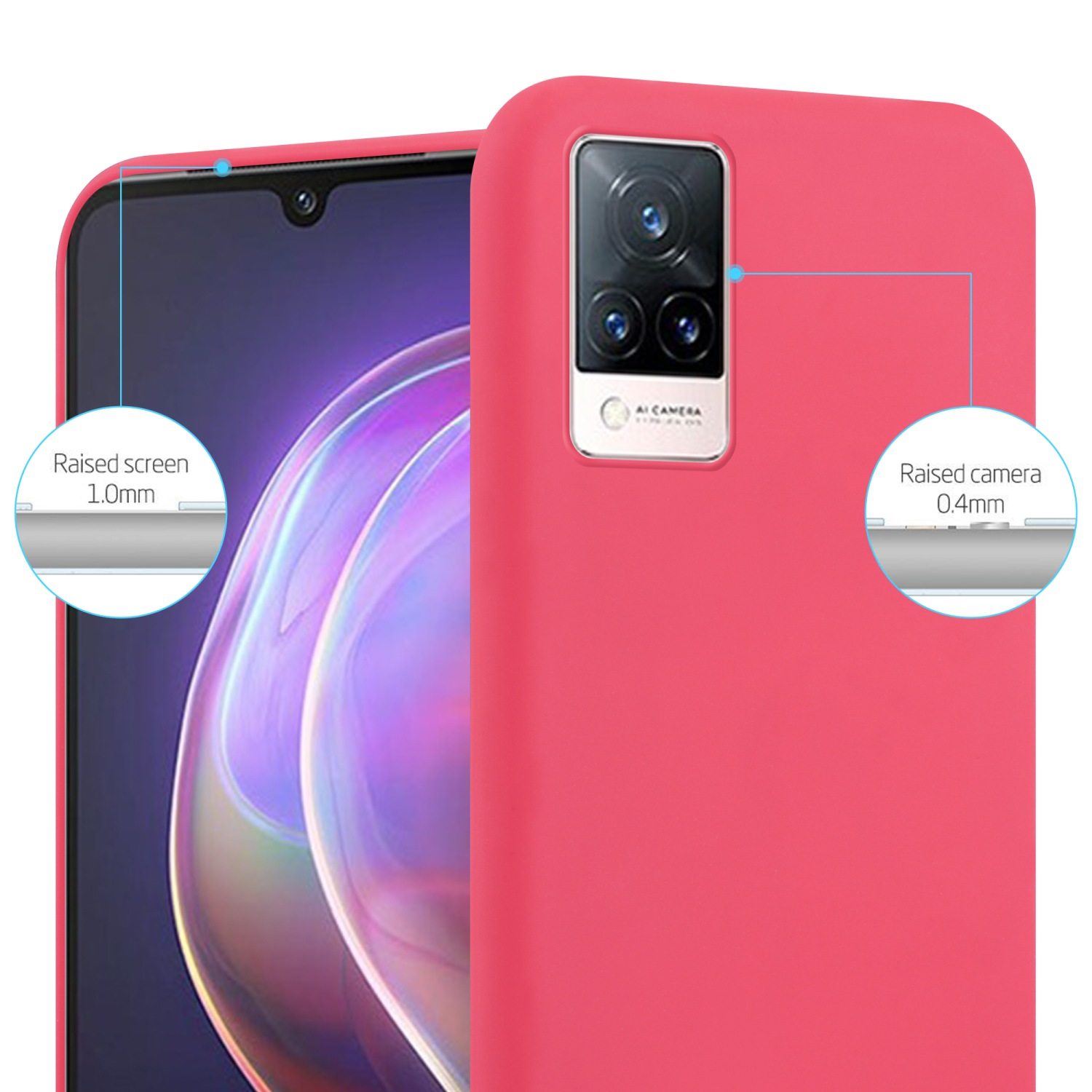Custodia per telefono rosa che mostra la fotocamera. Schermo e fotocamera rialzati. Sfondo bianco.