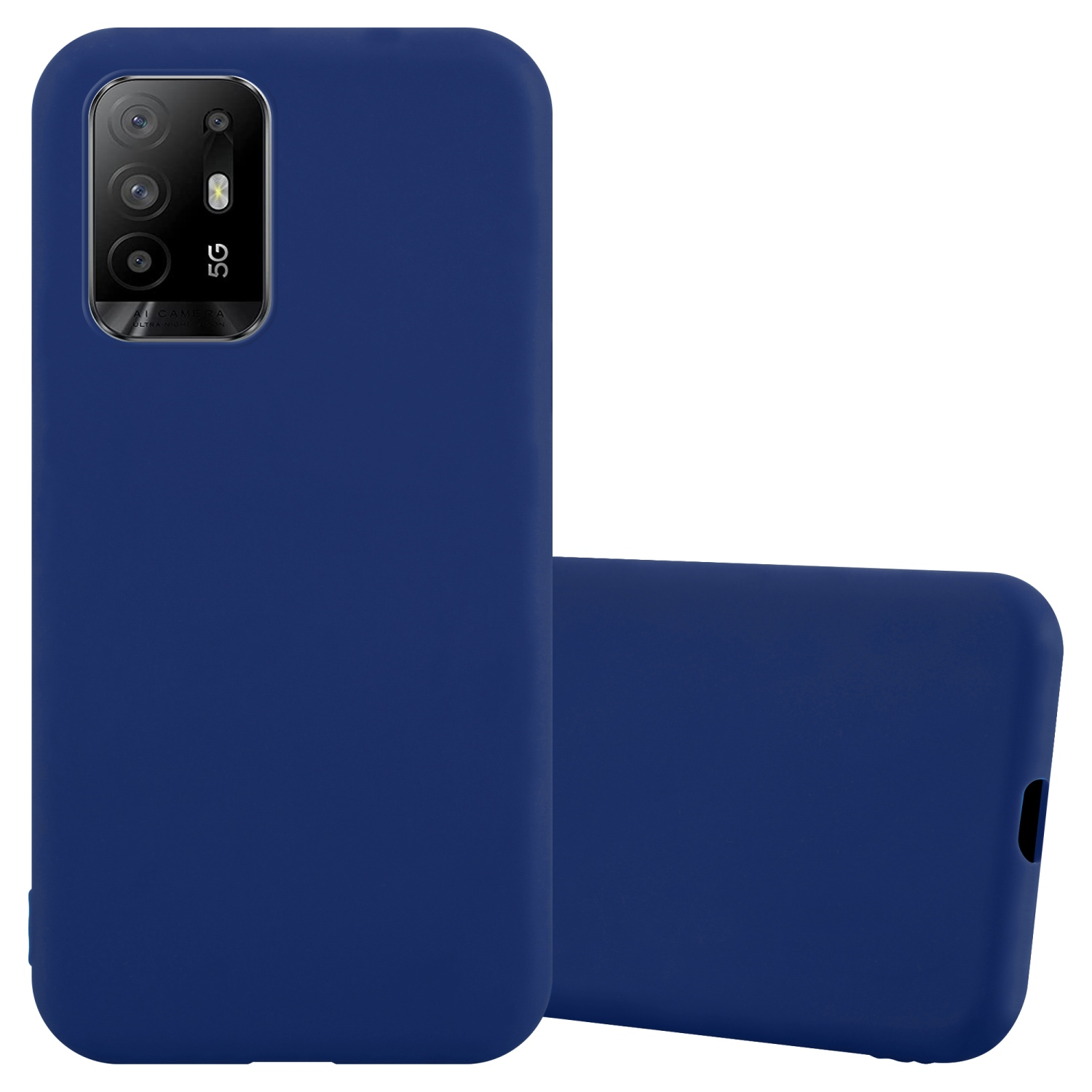 Dunkelblaue Handyhülle auf weißem Hintergrund. Sie hat Kameraausschnitte und ein 5G-Logo.