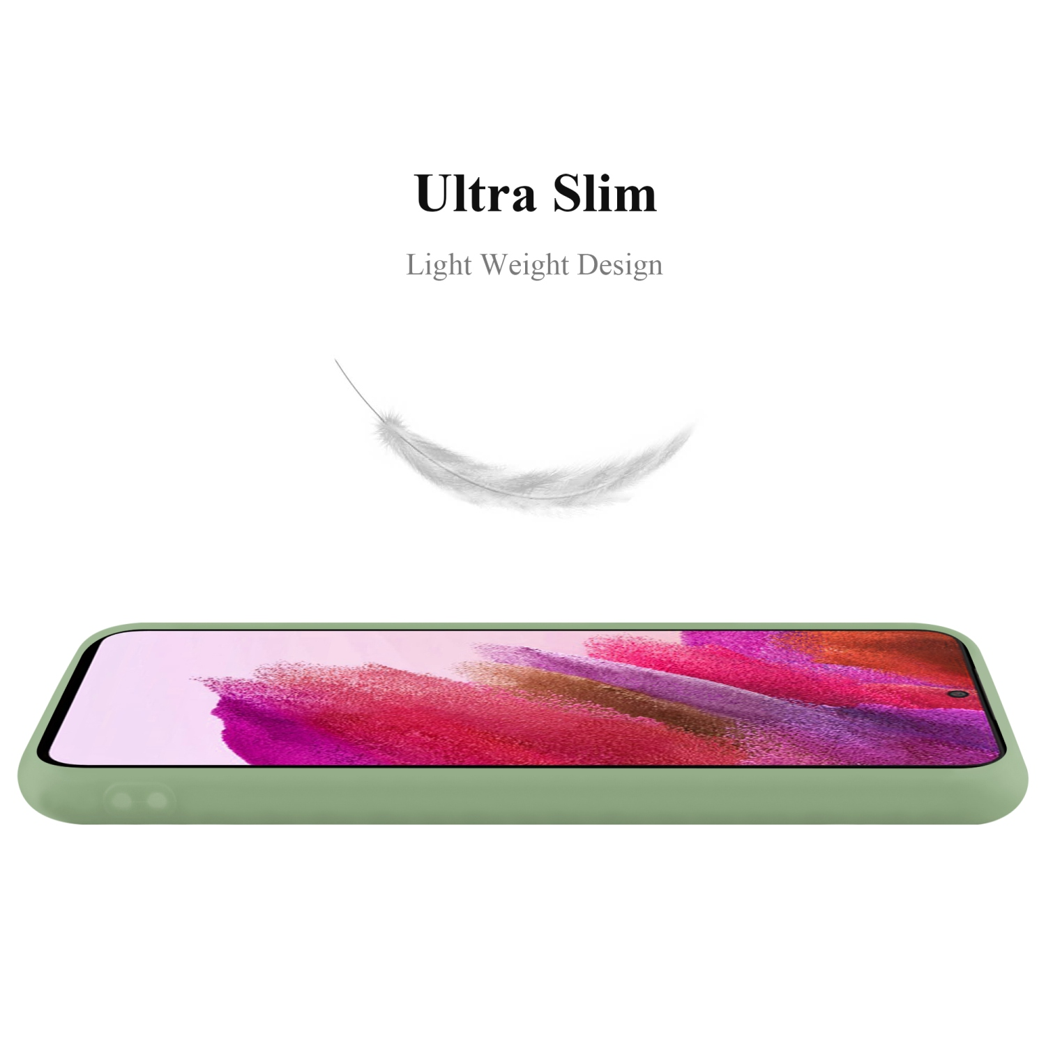 Grüne Handyhülle, Text 'Ultra Slim' und Federgrafik.