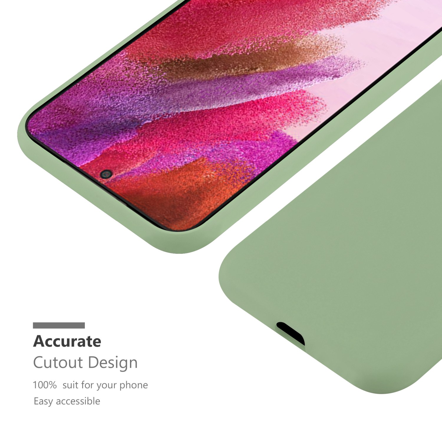 Hellgrüne Handyhülle und Telefon. Präzises Ausschnittdesign.