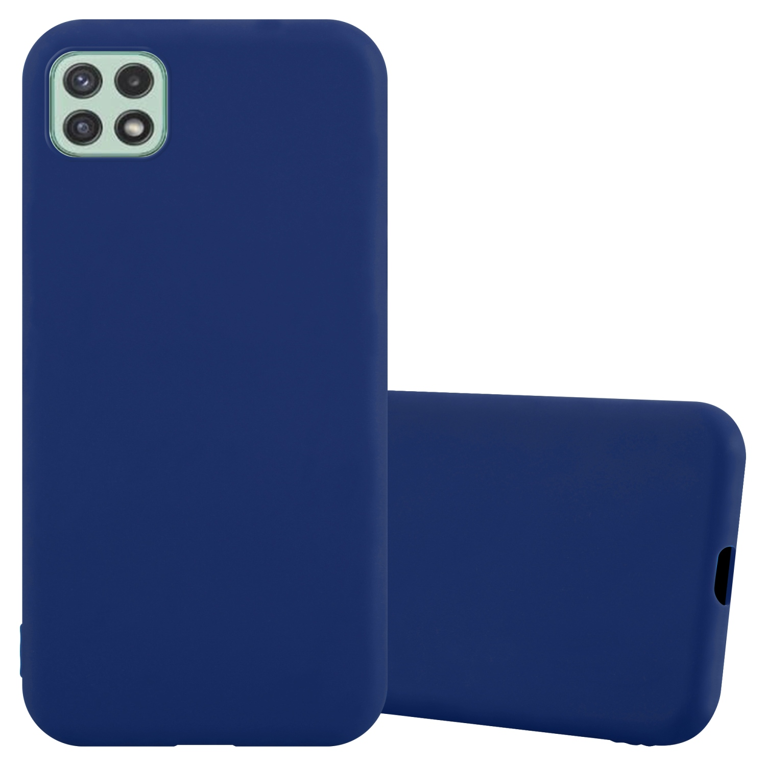 Custodia blu navy con telefono. Copre la parte posteriore e i lati.