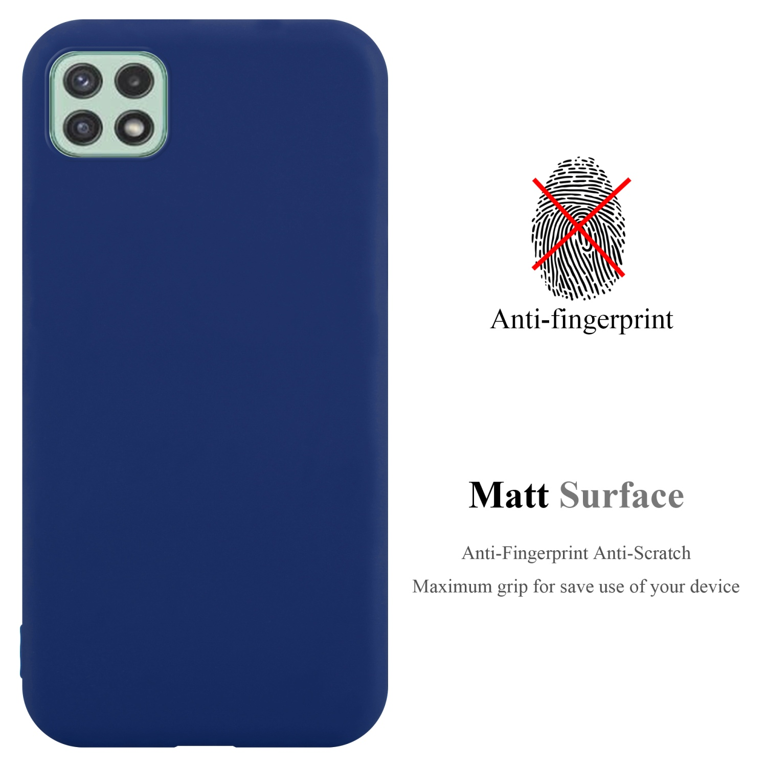 Custodia per telefono blu scuro con superficie opaca. Il simbolo dell'impronta digitale ha una croce.