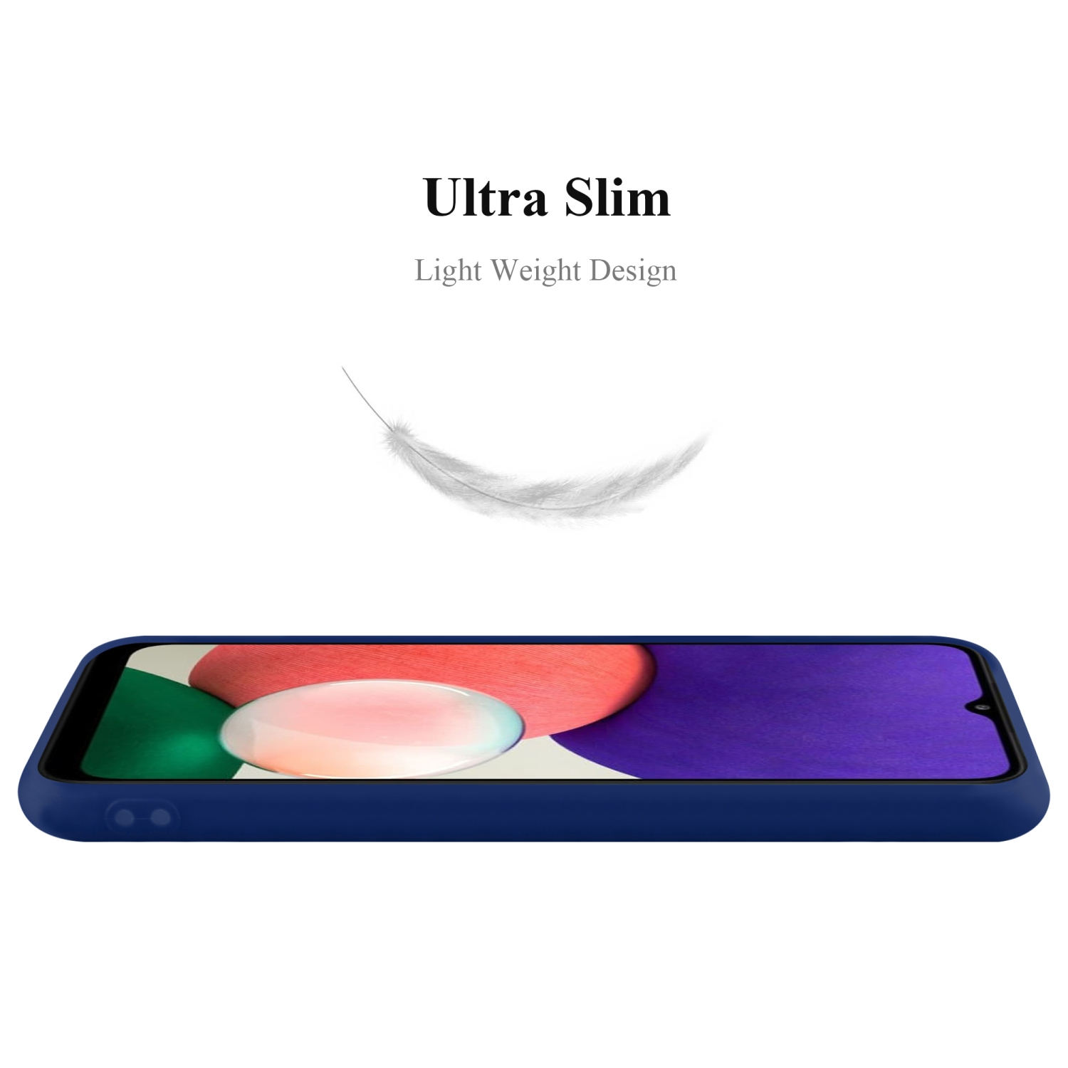 Una custodia blu scuro con un telefono dentro. Una piuma bianca fluttua sopra.