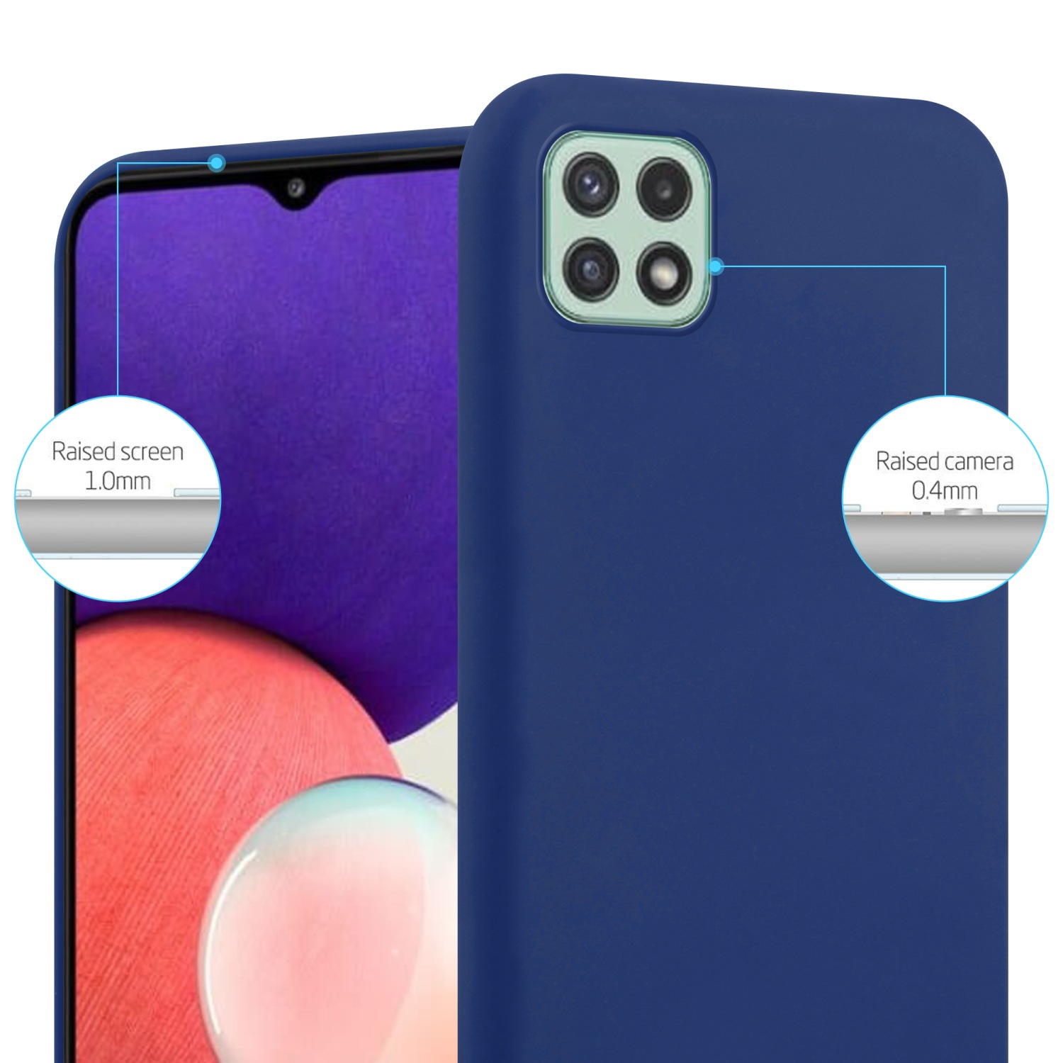 Primo piano di una custodia per telefono con retro e schermo blu. Mostra i dettagli dello schermo e della fotocamera rialzati.