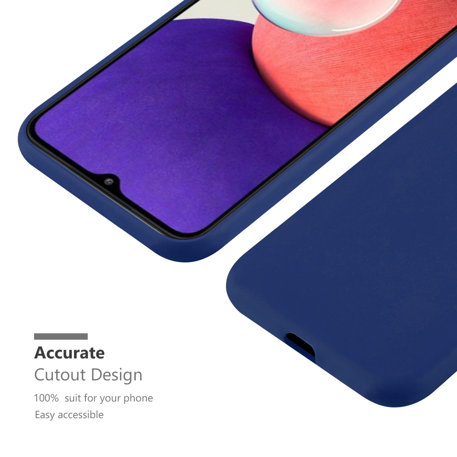 Una custodia per telefono blu scuro con un telefono all'interno. Il testo recita Accurate Cutout Design.