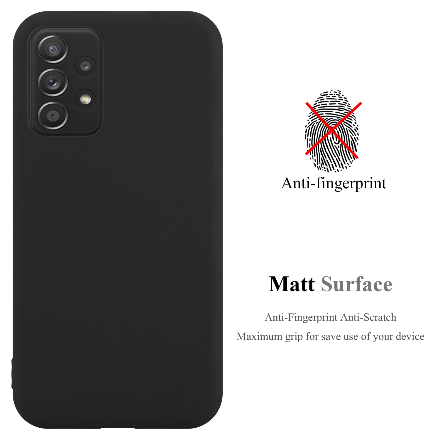 Schwarze Handyhülle mit einem Handy. Text: 'Anti-Fingerabdruck' und 'Matt-Oberfläche'.
